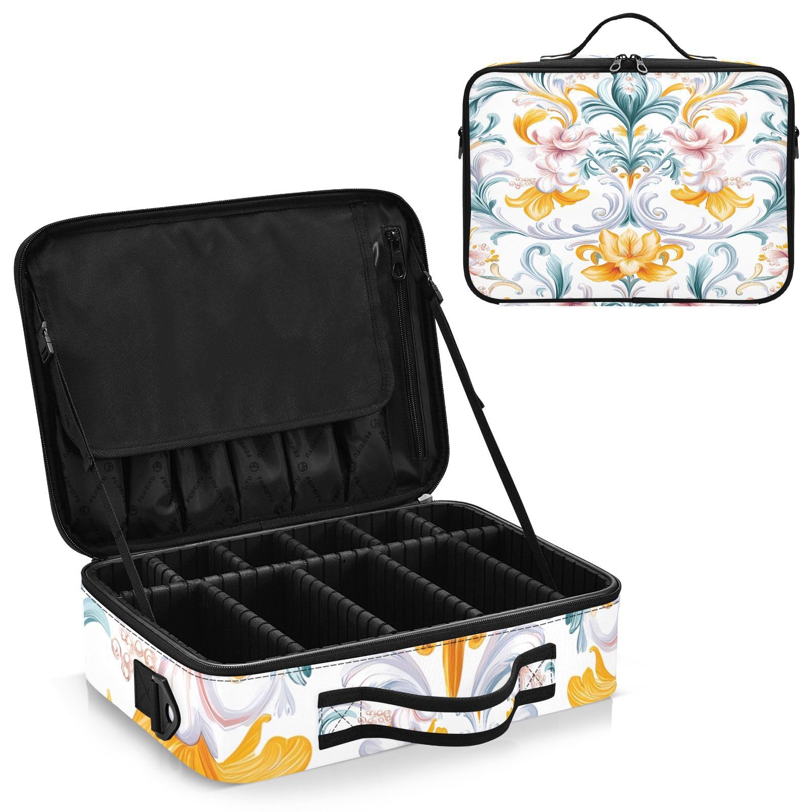 zyrtty Travel Makeup Train Case Yellow Flower Pattern Cosmetic Organizer Portable Storage Bag with Adjustable Dividers for Cosmetics Brushes Toiletry Jewelry Digital Accessories