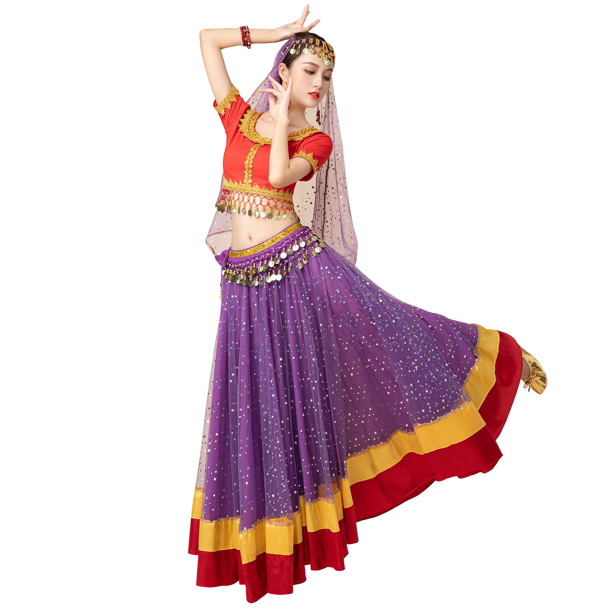 MISI CHAO Belly Dance Costume Bollywood Dress - Halloween Chiffon Dance Outfit Costumes with Head Veil for Women(Red,L)