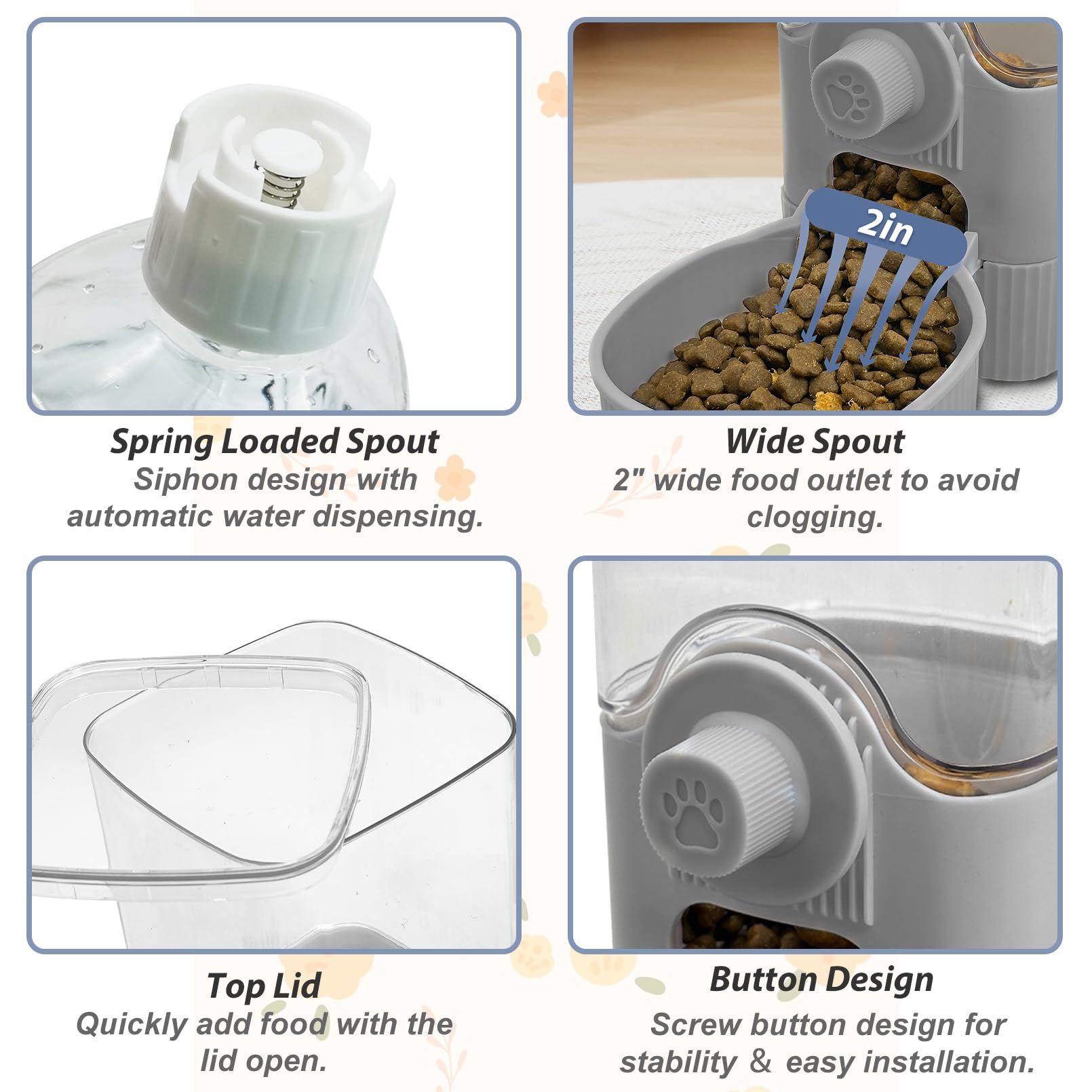 Fhiny Rabbit Food & Water Dispenser, Large Capacity Gravity Guinea Pig Feeder and Waterer Set Hanging Automatic Bunny Feeder for Cage for Bunny Guinea Pig Chinchilla Ferret Cat Puppy