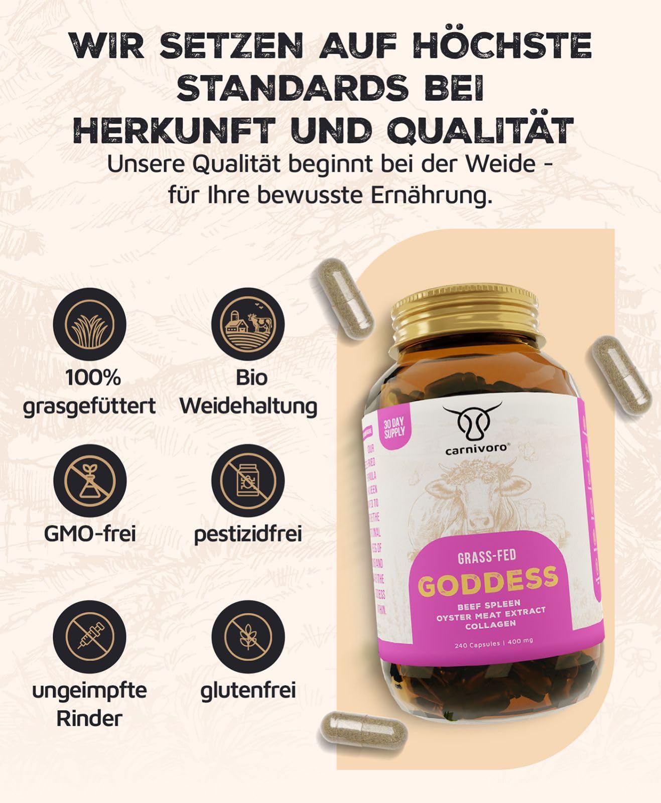 Carnivoro Goddess mit Austern & Kollagen - Frauen Komplex - 30 Tage Packung - Superfood - Natürliches Eisen, Zink, Vitamin A, Vitamin B12, B2, B3, B5, Folat, Kupfer - Keto - Paleo