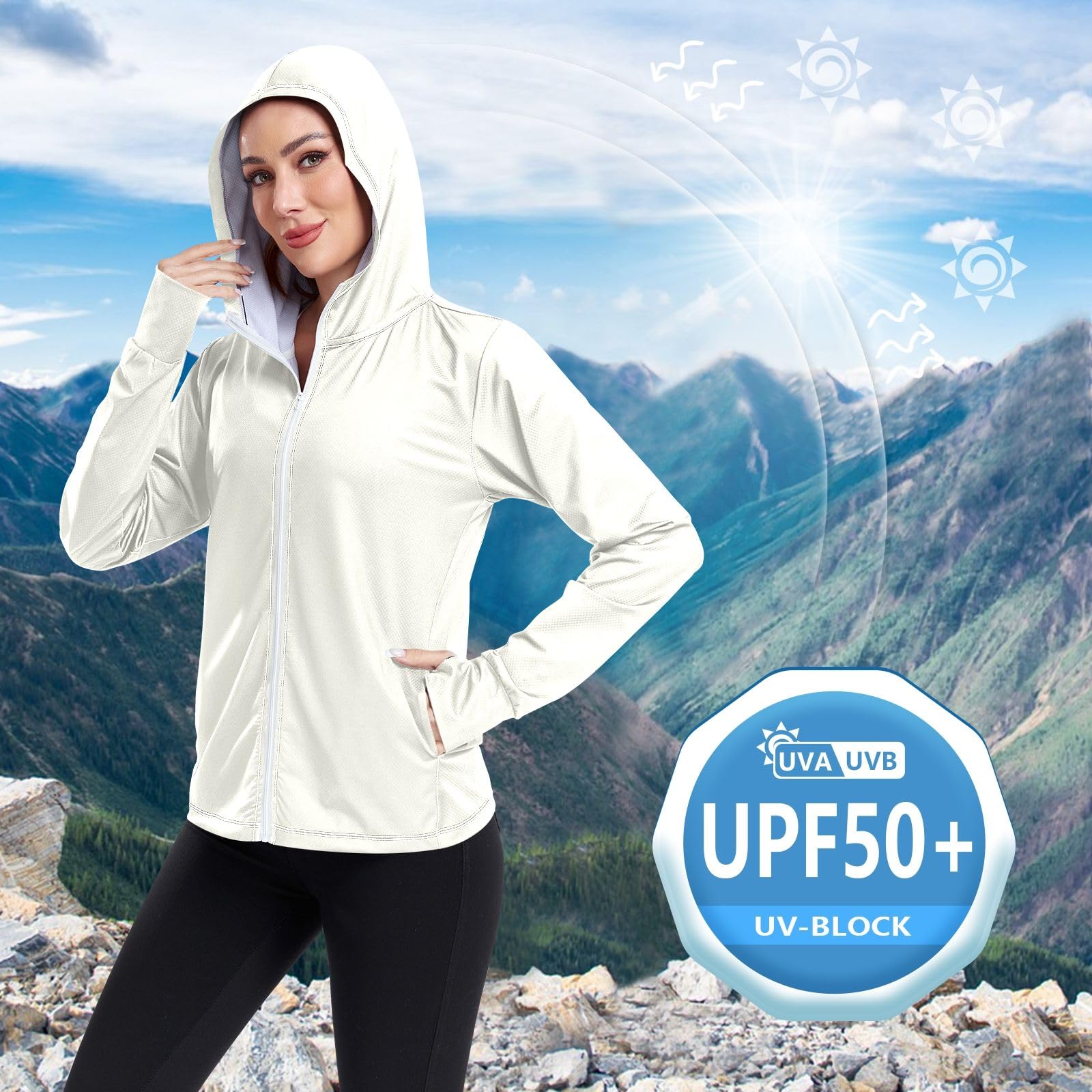 Mimosa Sweat à capuche UPF pour femme Protection solaire Fermeture éclair intégrale Manches longues Sweat à capuche zippé sur le devant Rashguard