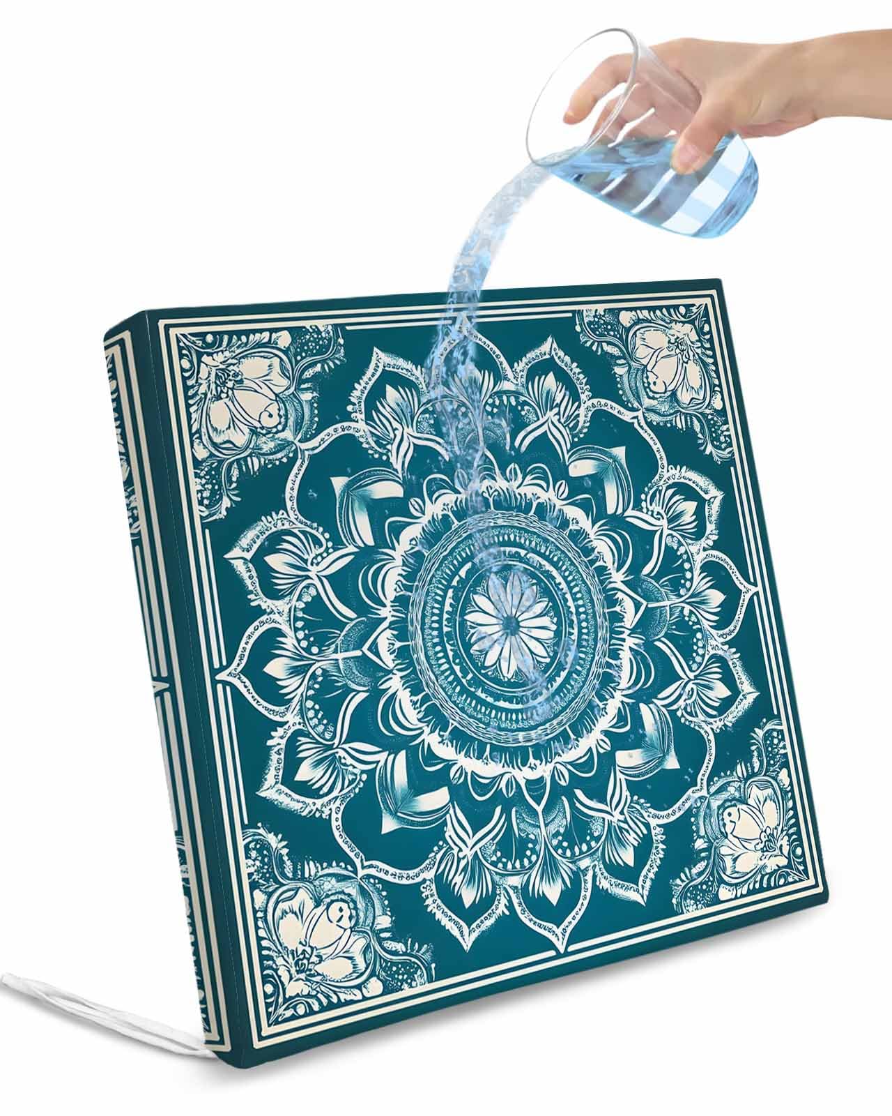 2 Pack Teal Boho Waterproof Cushion Covers with Ties, Outdoor Patio Chaise Lounge Chair Seat Cushion Slip Covers Replacement(Only Cover) Ethnic Chic Rustic Abstract Floral Aesthetic 24