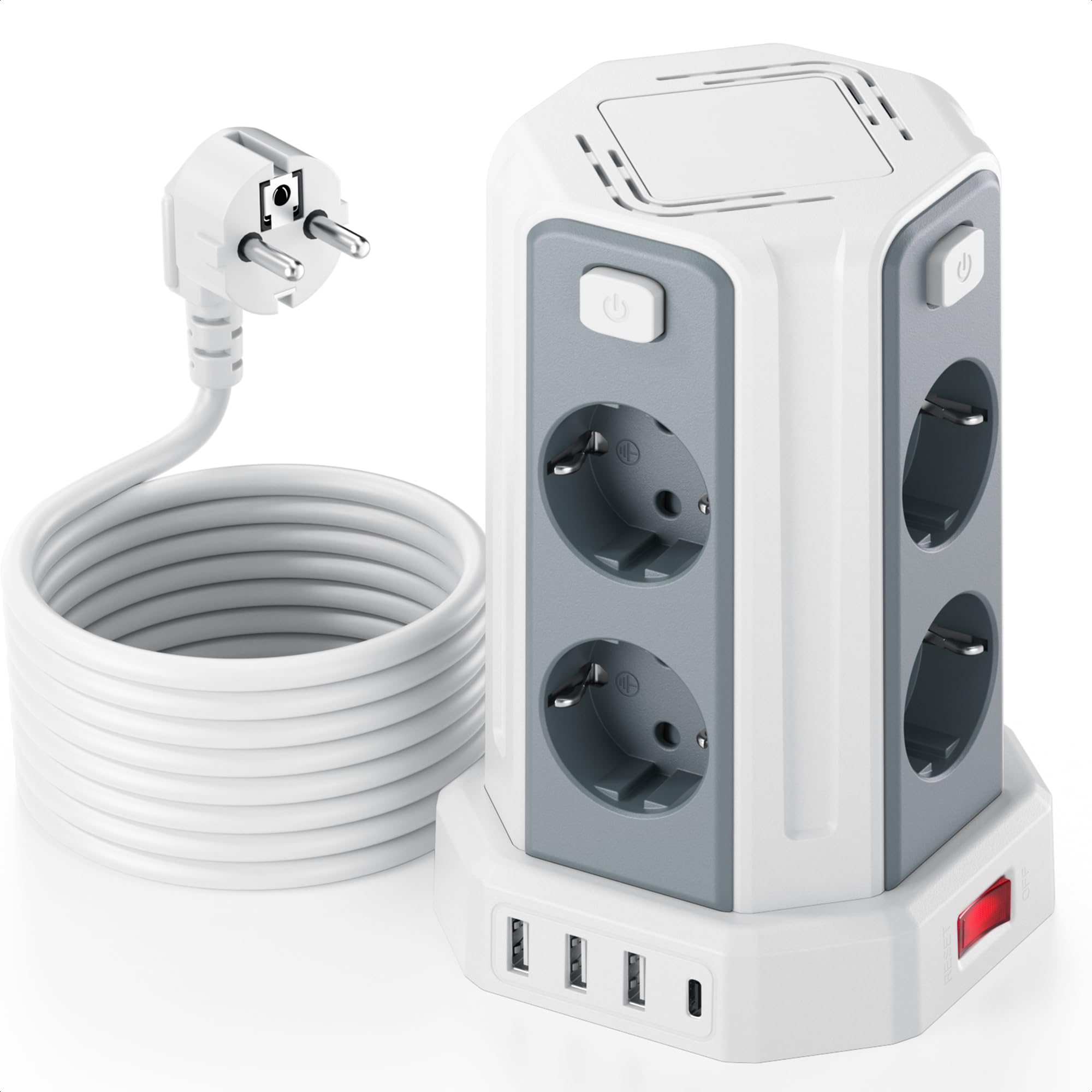 Tower stekkerdoos met 3 m kabel, USB-stekkerdoos, 8 AC-stopcontacten en 4 USB-poorten, 2500 W/10 A, verticale stekkerdoos met schakelaar voor tafel, kantoor, huis enz