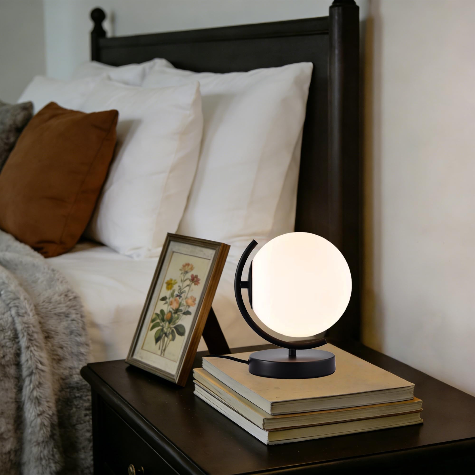Alighting Tischlampe Schwarz, Opalglas Kugelleuchte Innen | Nachttischlampe Kugel Vintage Tischleuchte für Schlafzimmer , Wohnzimmer, E14