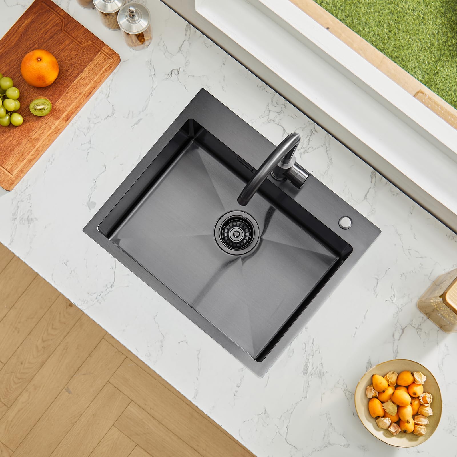 VEVOR Fregadero de Cocina con Montaje Superior de Acero Inoxidable 304, con Accesorios, Fregaderos de Lavavajillas Domésticos para RV, Cocina de Preparación y Barra, Negro, 550 x 450 x 190 mm