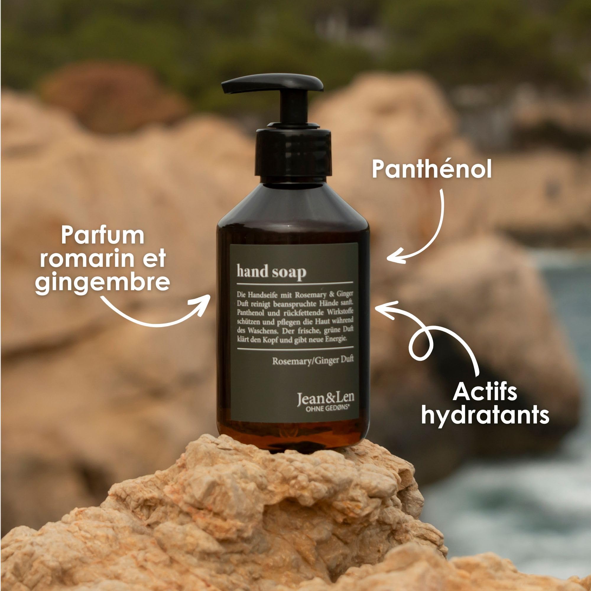 Jean & Len Savon pour les mains Rosemary & Ginger, nettoie les mains abîmées, usage quotidien, savon liquide avec pompe rechargeable, sans parabènes, silicones ni microplastiques, 6 x 250 ml