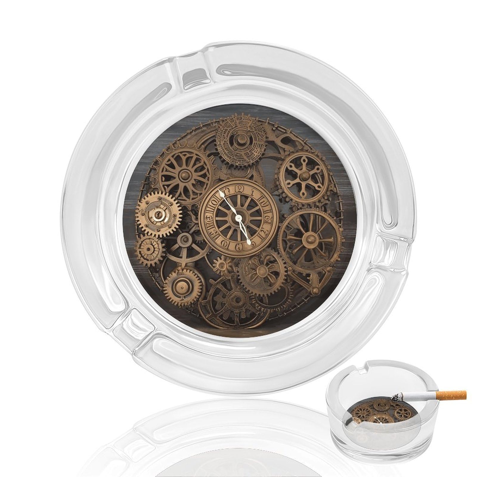 Steampunk Gears Clock Ashtray Cigar Cigarette Rest Glass Outdoor Cigar Ashtrays with 3 Grooves Travel Cigar Ashtrays Fancy Cute Cool Ash Tray for Smokers Tabletop