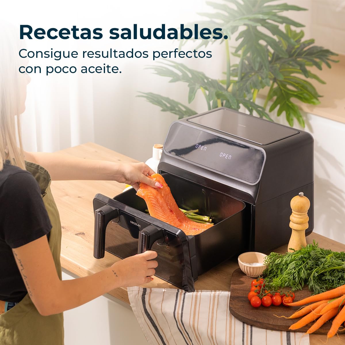 Cecotec Freidora de Aire 9 L Cecofry Advance 9000 Window Total 2200W | Temperatura Dual, Pared Divisoria Móvil, Ventana de Visualización, Tecnología PerfectCook, Control Digital, Función Dietética
