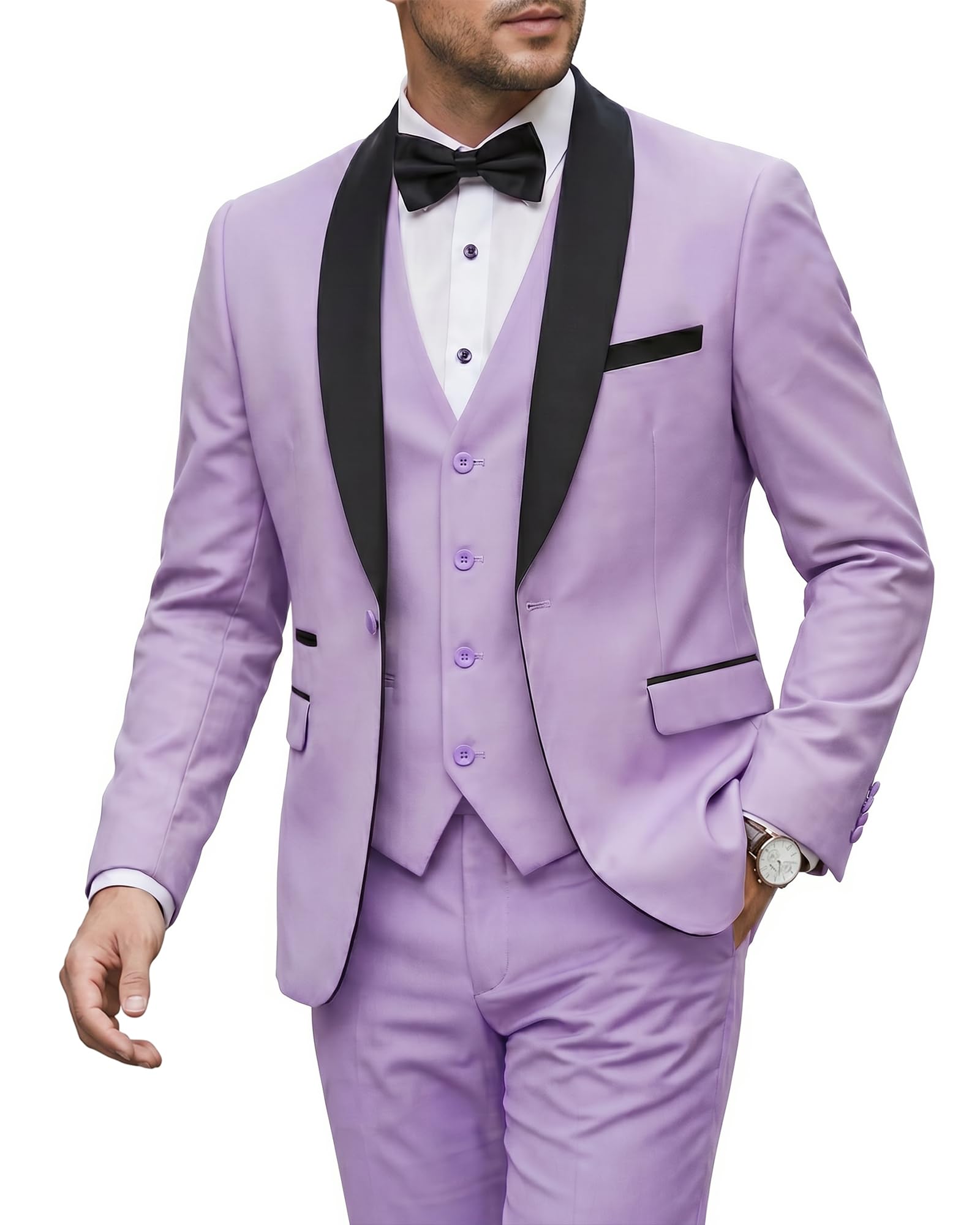 MY'S Men's 3 Piece Tuxedo Set with Tie, Shawl Lapel Suit Blazer Vest Pants