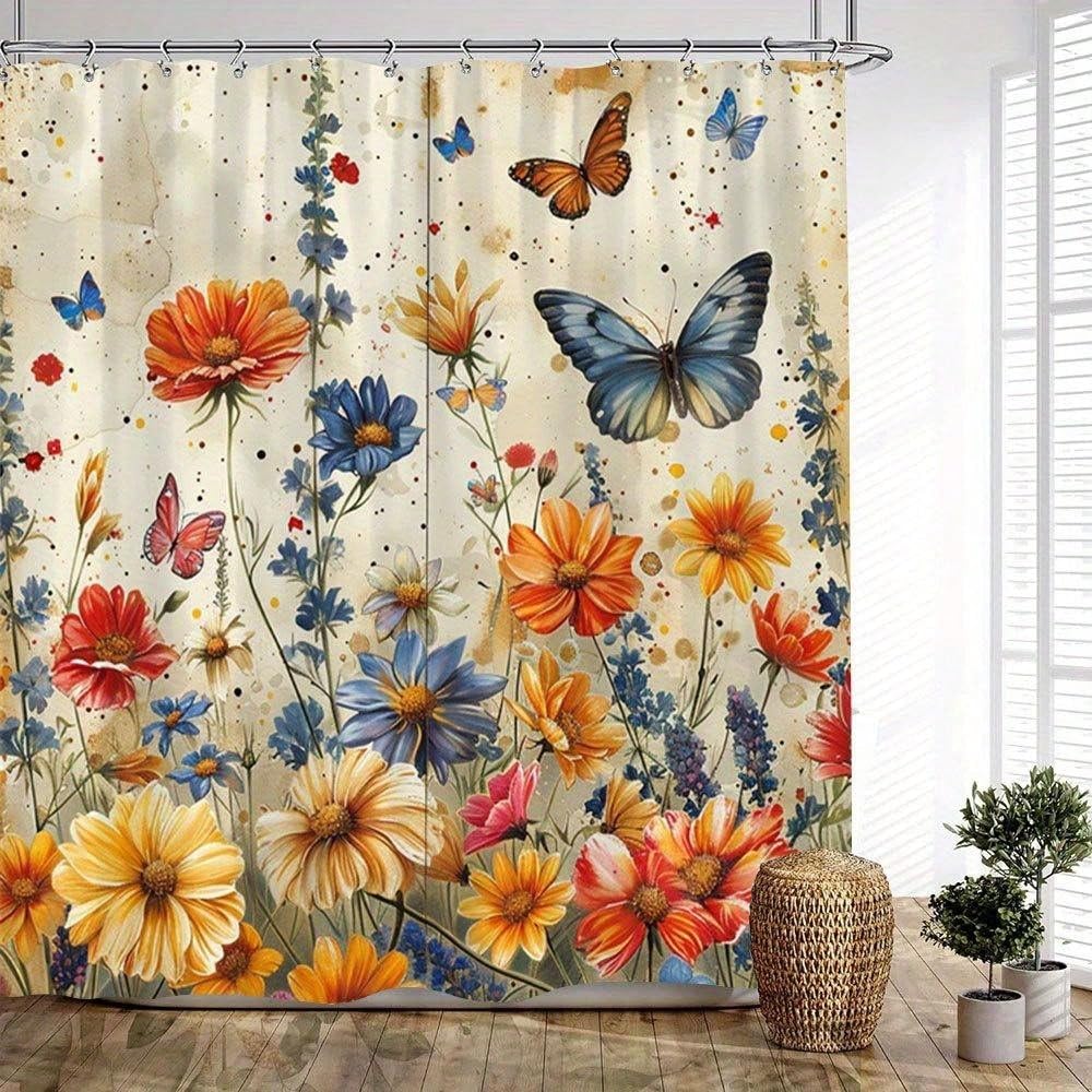 Duschvorhang mit Schmetterlingsmotiv, farbenfrohes Gartenblumen-Naturdesign, Hänge-Duschvorhang-Set für Badewanne (300 x 180 cm / 118 x 71 Zoll (B x H))