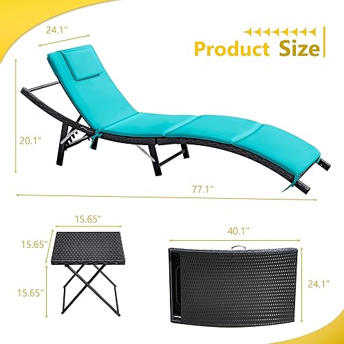Miniatura 3 de Rankok Juego de sillas de salón para exteriores, 3 piezas, ajustable, con mesa plegable y cojín para jardín, piscina, playa (azul)