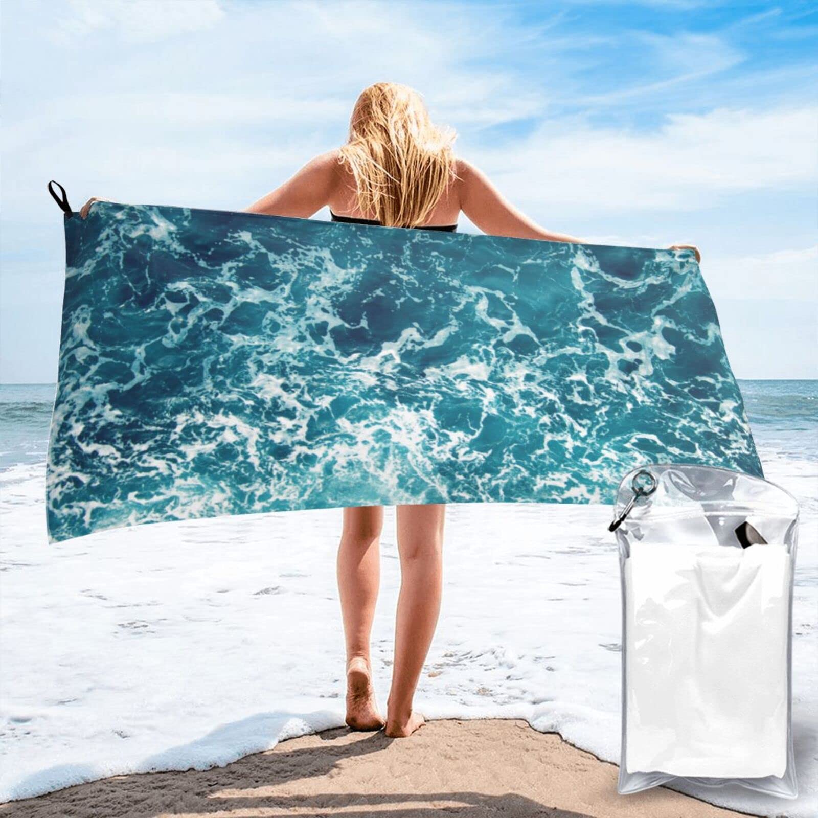 Lawenp Ocean Beach Microfiber Beach Towel Adults Large Quick Drying Bath Towel Travel Towels with Pouch 31.5"x63"