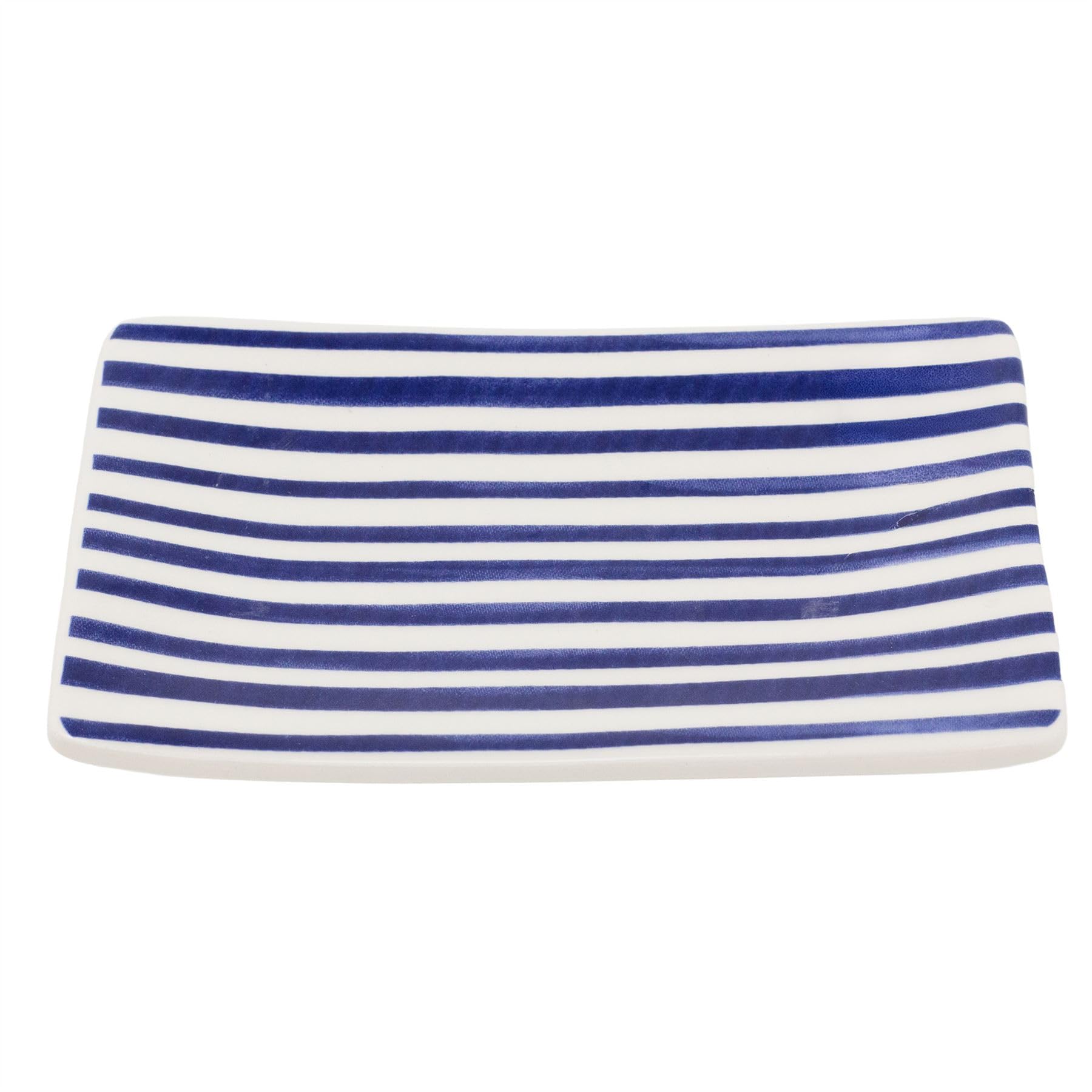 Carousel Home White Jeff Banks Ceramic Soap Dish, 14Cm Nautical Bathroom Soap Holder Tray, Striped Blue Soap Bar Dish