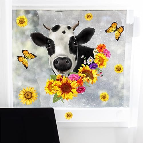 Calcomanías de pared de animales de granja, divertidas calcomanías de pared de vaca, girasol, mariposa, calcomanías para ventana, despegar y pegar,