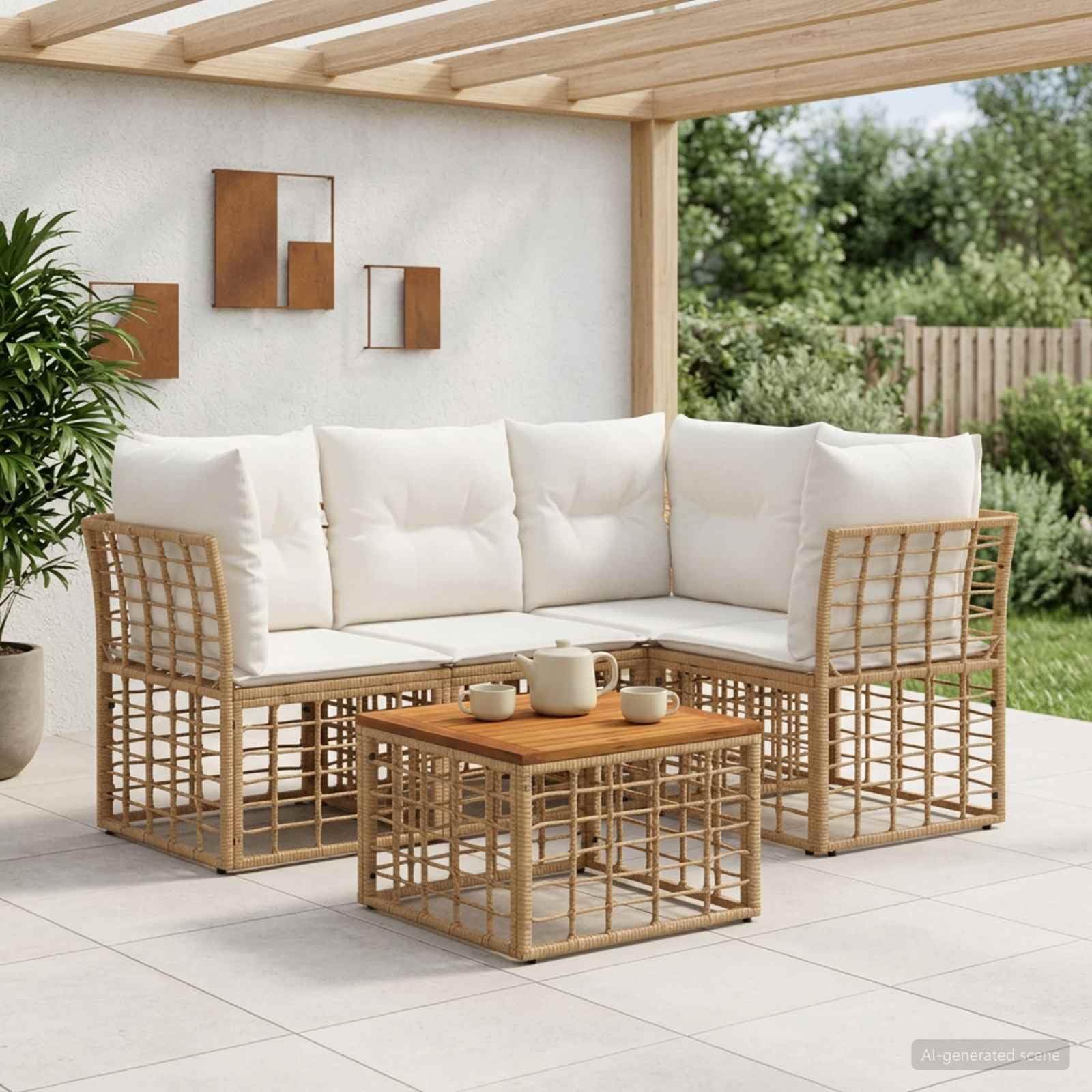 Ensemble de canapés d extérieur 5 pcs Blanc Naturel crème Poly Rattan Coussins Polyester Plateau Table Acacia 55 x 55 x 37 cm pour Jardin Patio détente