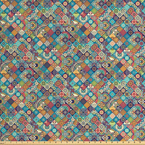 Ambesonne Bohemian Fabric by The Yard, Geometric Pattern with Ornamental Floral Folk Art Abstract, Decorative Fabric for Upholstery and Home Accents, 1 Yard, Blue Cream