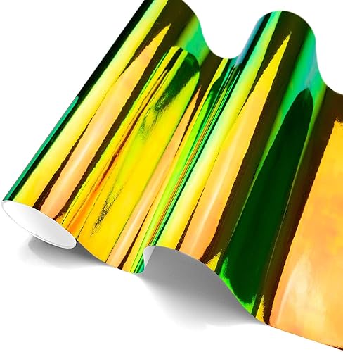 Calcomanía de vinilo holográfico color naranja y verde neo, cromado, arcoíris, película de canal de liberación de aire, muestra de 4 x 8 pulgadas