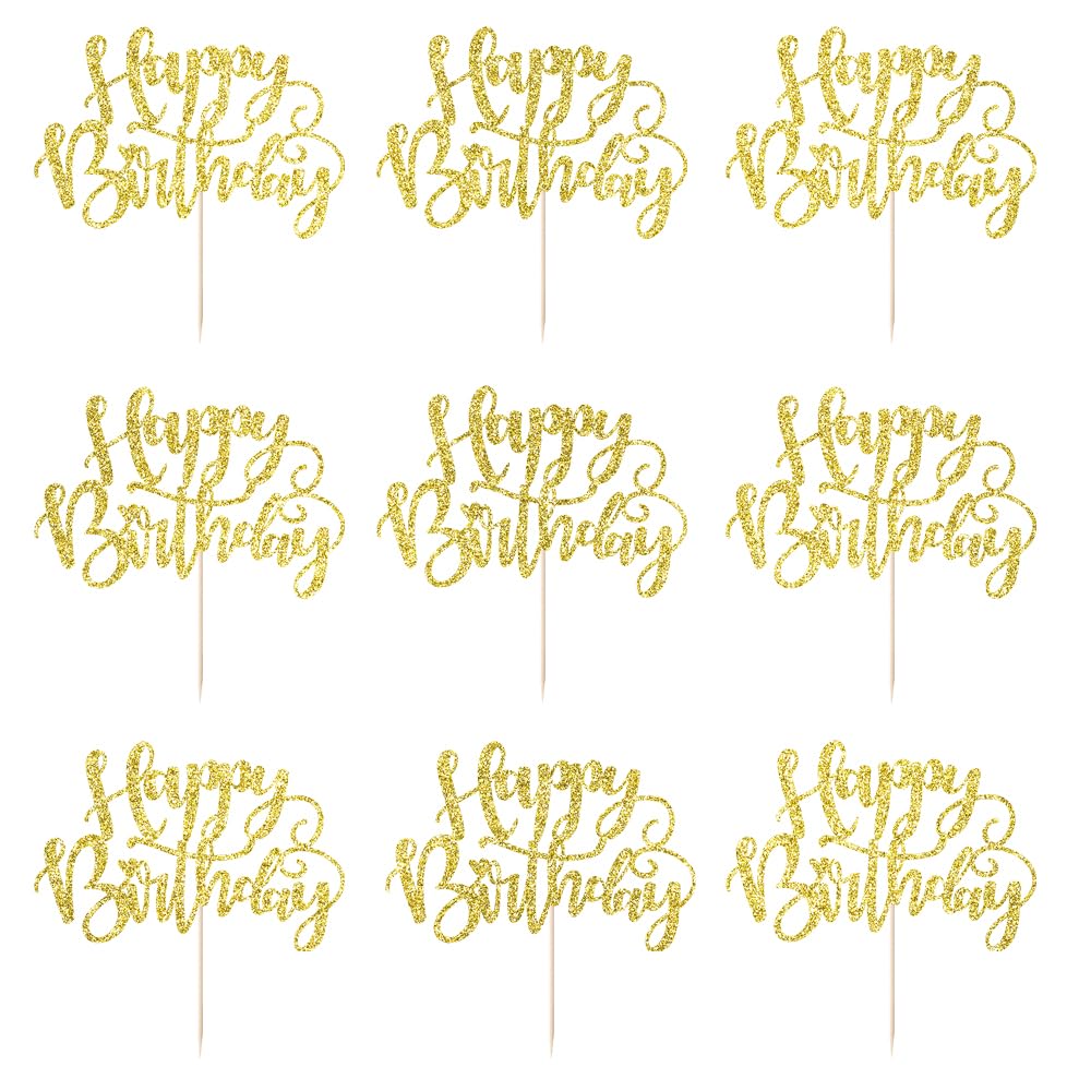 Naicaek 생일 축하 컵케이크 토퍼 24개, 글리터 컵케이크 토퍼 픽/생일 축하 기념일 테마 파티 장식 용품 (골드)