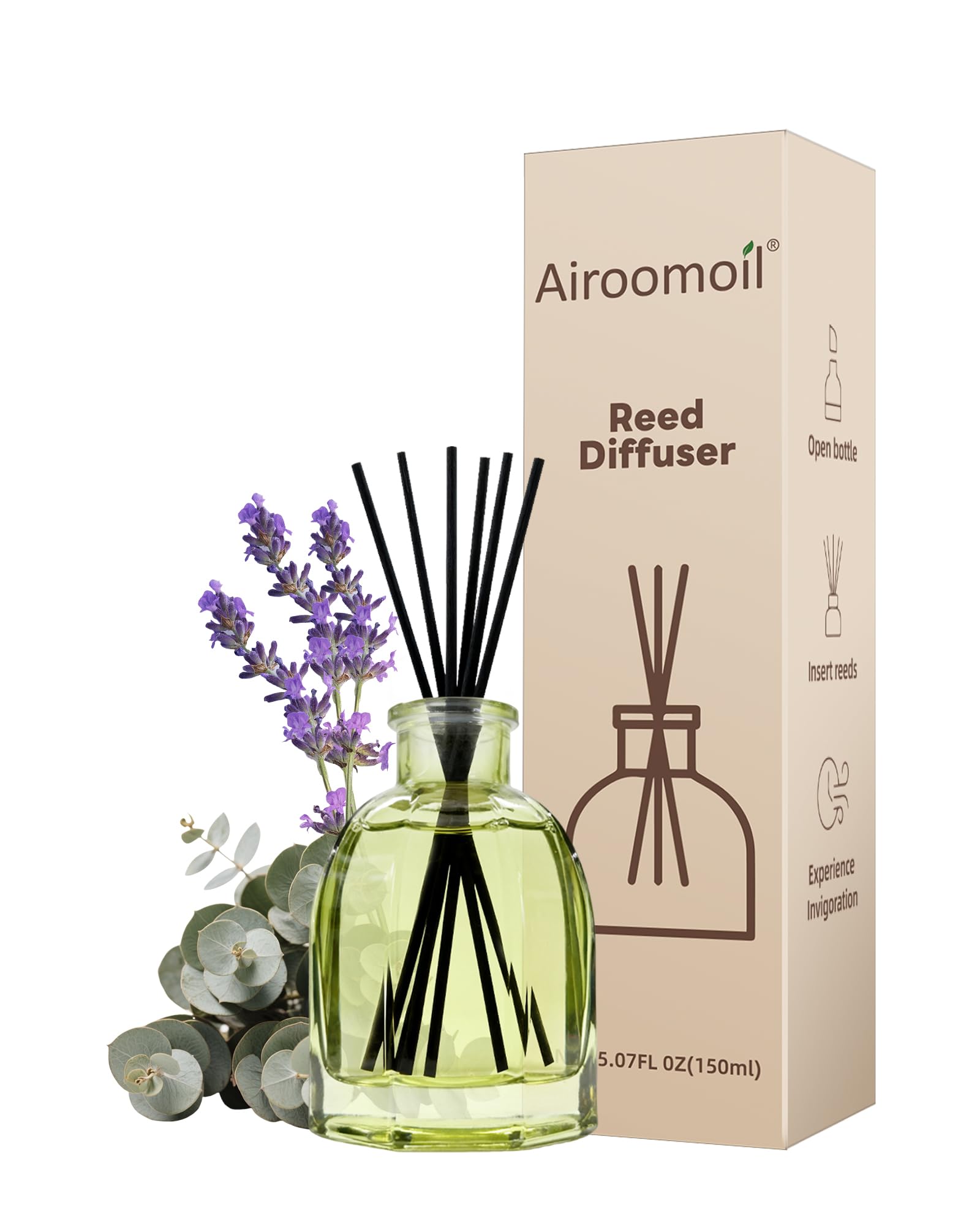 Airoomoil Reed Diffuser Set Eucalyptus & Lavender – 5 fl oz with 6 Reed Sticks, Long-Lasting Home Fragrance for Bathroom, Bedroom, Office, Yoga & Meditation – Flameless & Plug-Free, Ideal Gift
