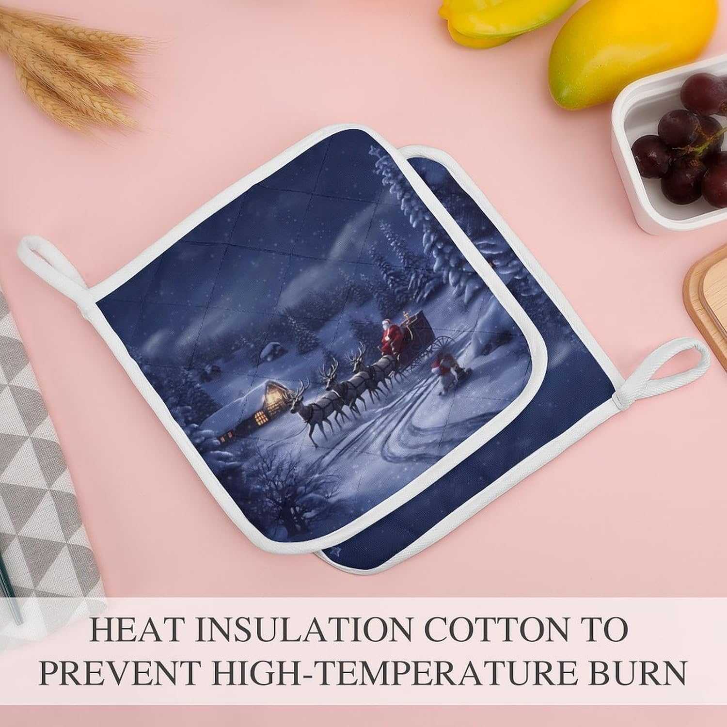 Square Potholders 2-Piece Set,Snow Night Santa and Deer Printed Kitchen Insulation Mats Heat-Resistant Non-Slip Insulation Mats with Hanging Rings for Kitchen Cooking Baking BBQ