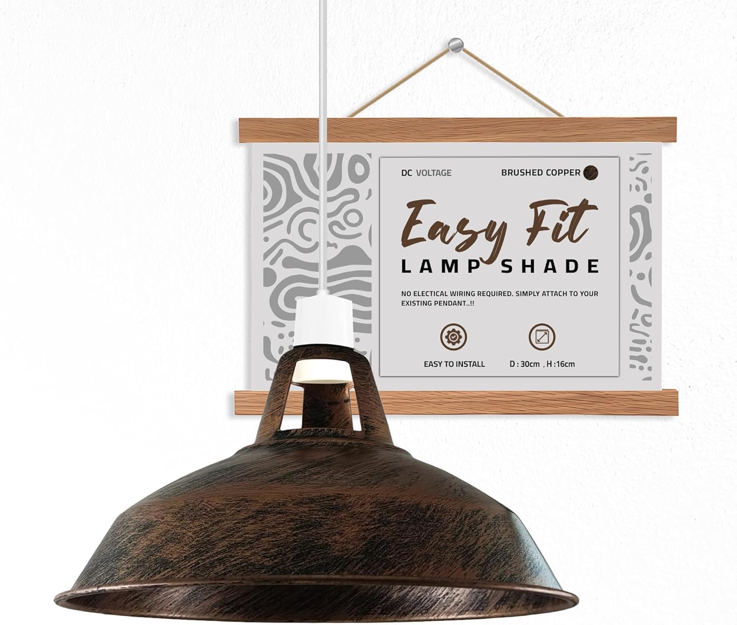 DC Voltage 30cm Metal Pendant Light Shade - Easy Fit Modern Lighting Shade for Bedroom, Hallway, Office, Café, Restaurant - Industrial Style, Brushed Copper
