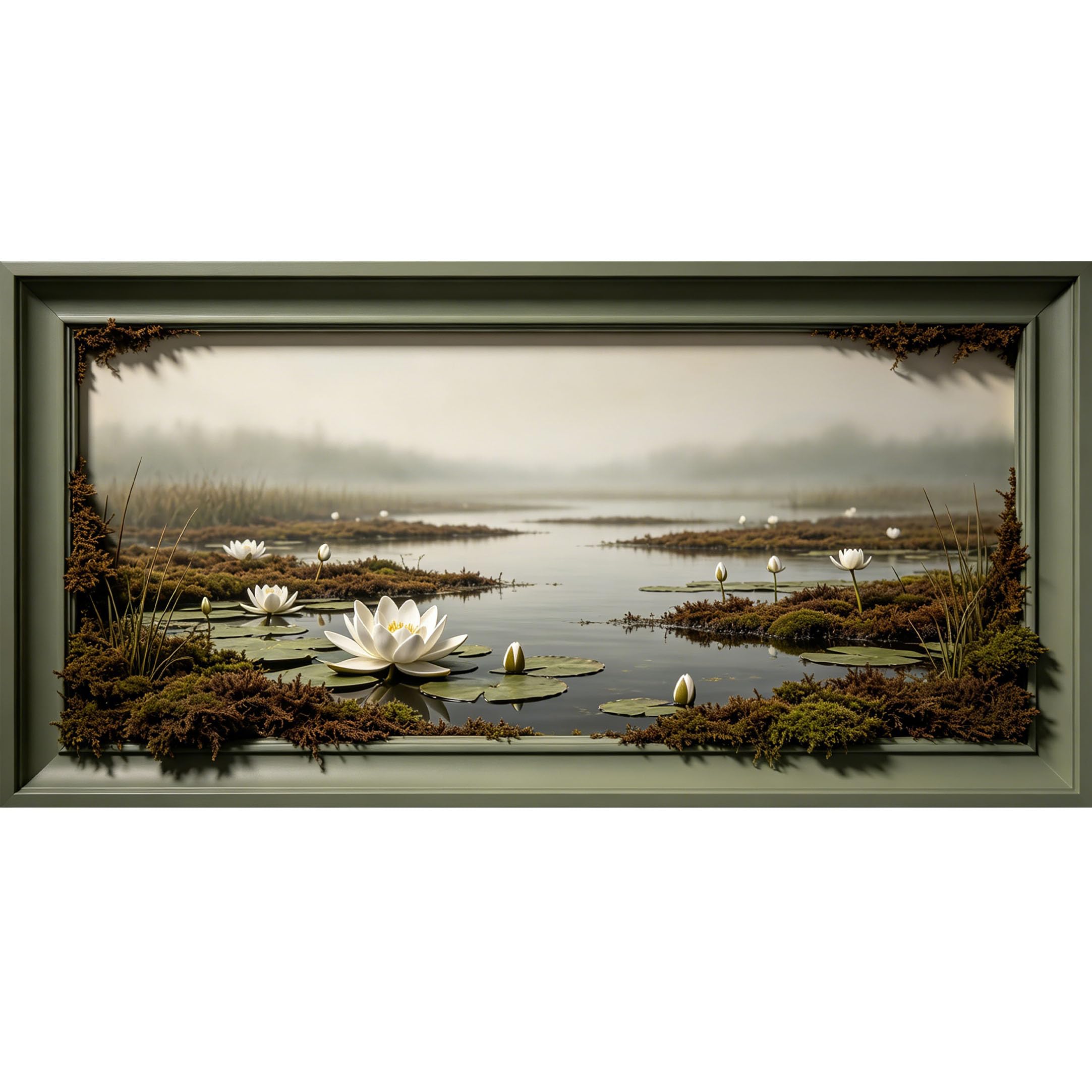 Agglomerix 3D Framed Wall Art Water Lily Pond Misty Landscape Botanical 3D Relief Effect Large Size Self-Adhesive Removable Wall Decor Prints Artwork for Living Room Bedroom Office