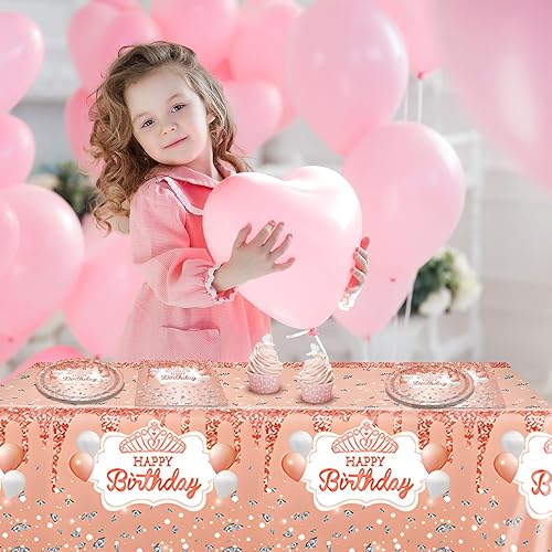 Miniatura 6 de 41 piezas de suministros para fiesta de cumpleaños de oro rosa, incluye 20 platos, 20 servilletas y 1 mantel, vajilla desechable con temática de oro