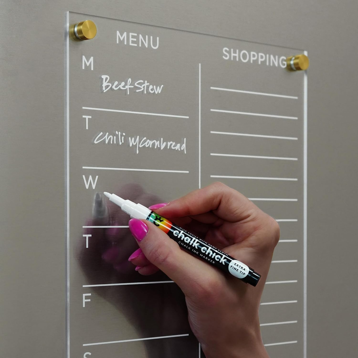 Magnetic Acrylic Menu & Shopping List Board for Fridge, 9” x 12” Clear Refrigerator Organizer, Includes 4 Magnetic Wet-Erase Markers, Gold Corner Magnets