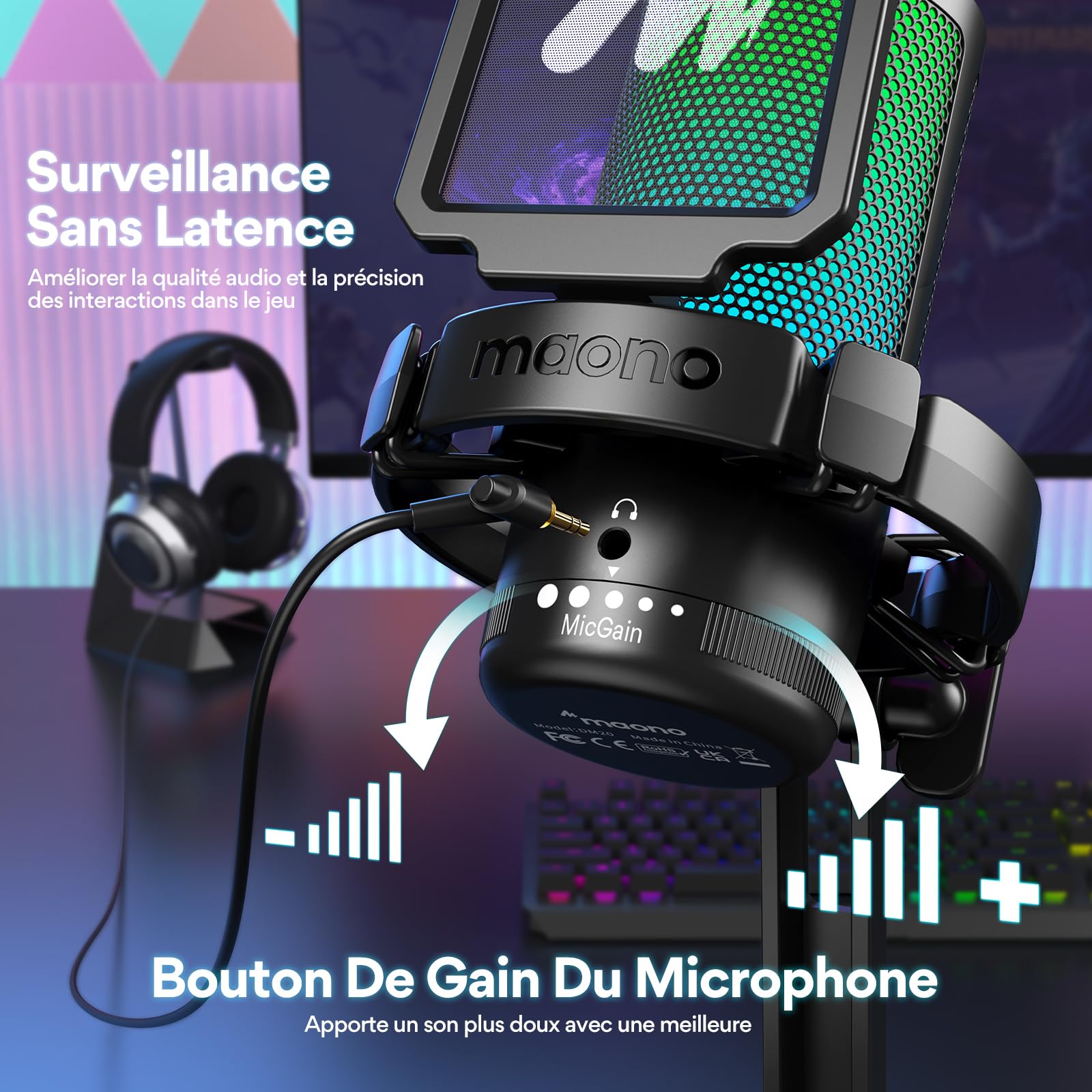 MAONO Micro Gaming RGB, Condensateur Microphone Antibruit pour Streaming Podcast Studio, Microphone USB pour PS5/PS4/Mac avec Éclairage RGB Contrôlable, Sourdine à Une Touche, Contrôle du Gain, DGM20