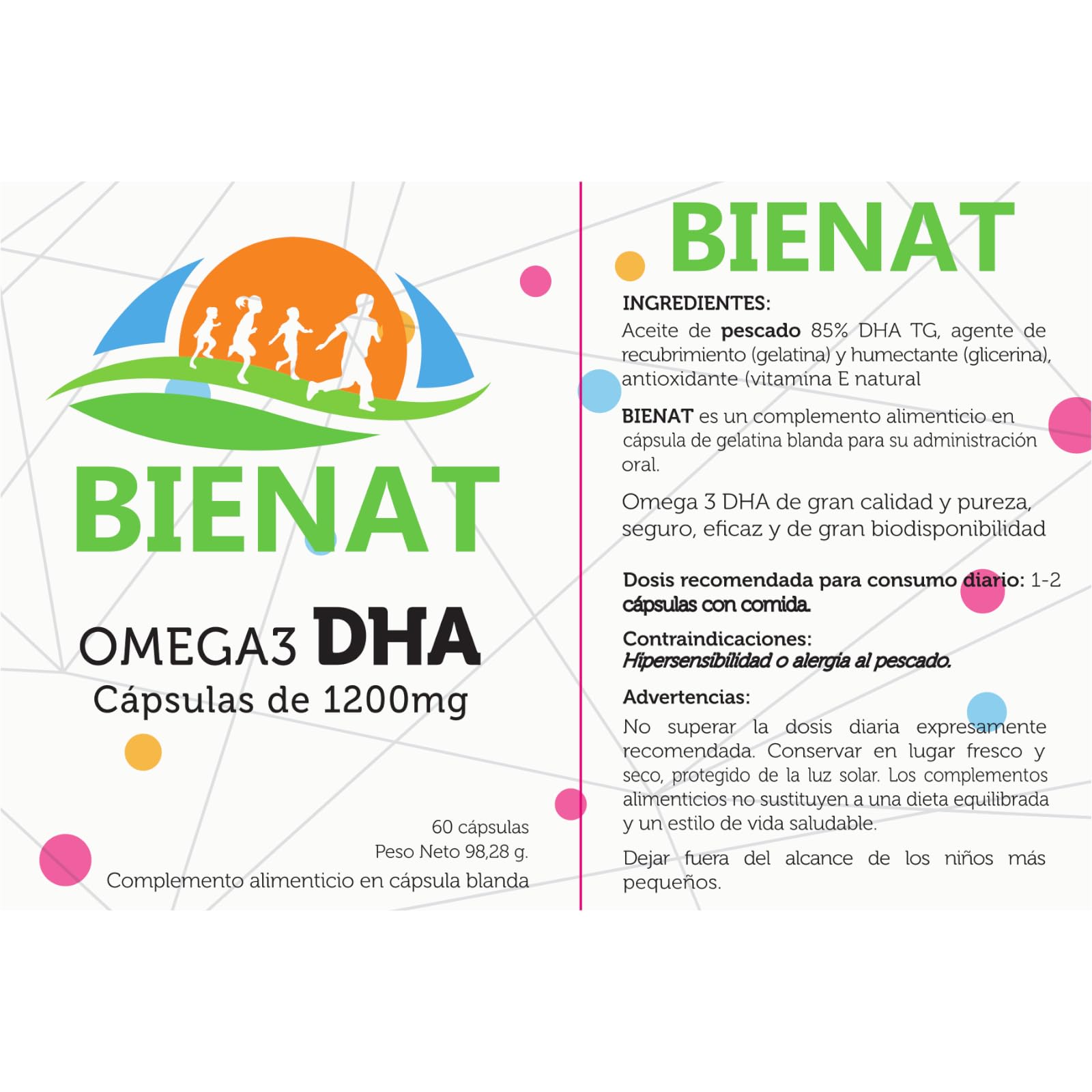 Bienat Omega 3 DHA 1200mg 60 Cápsulas Blandas – Omega 3 1200mg por cápsula – DHA 1080mg por Cápsula con 85% de Pureza – Vitamina E Natural (60 Cápsulas)