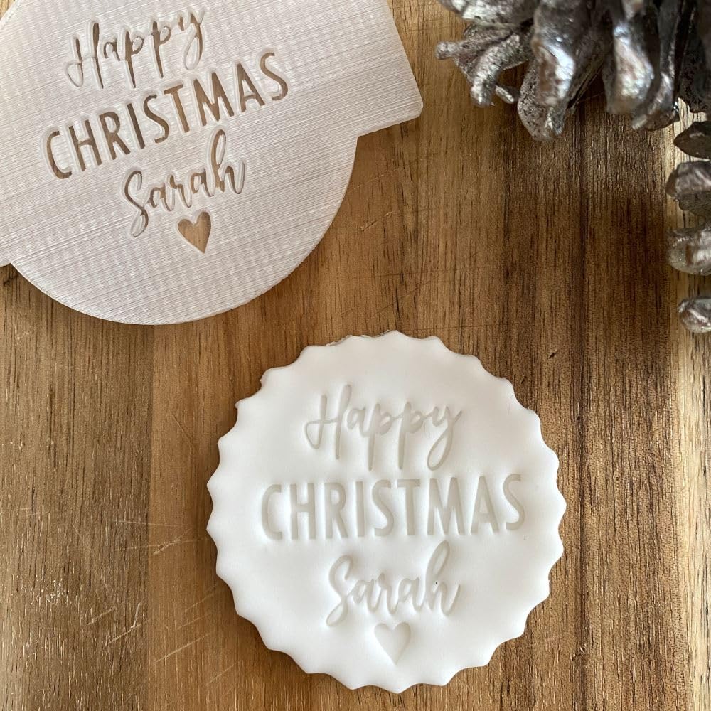 Luck And Luck Clear Personalised Happy Christmas With Heart Fondant Embosser, Custom Cookie Biscuit Stamp, Festive Cake Decorating, Cupcake Icing Decoration