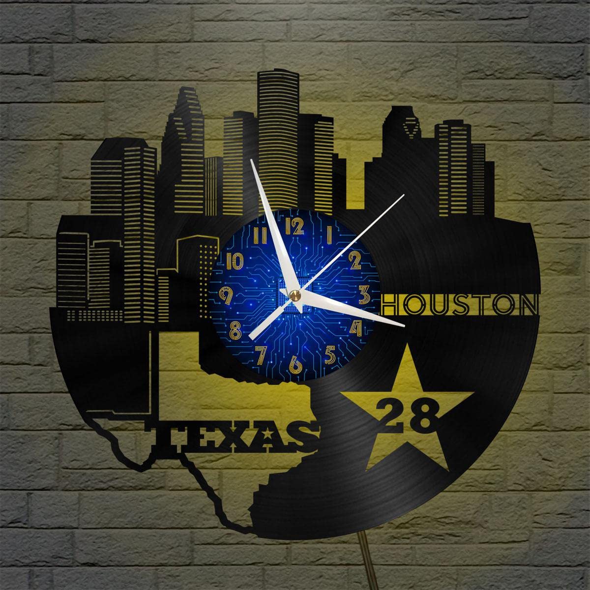 YHUK Houston Texas Vinyl Wall Clock, Vinyl Record Clock Wall Art Silent & Non-ticking(12 inchs B with LED)