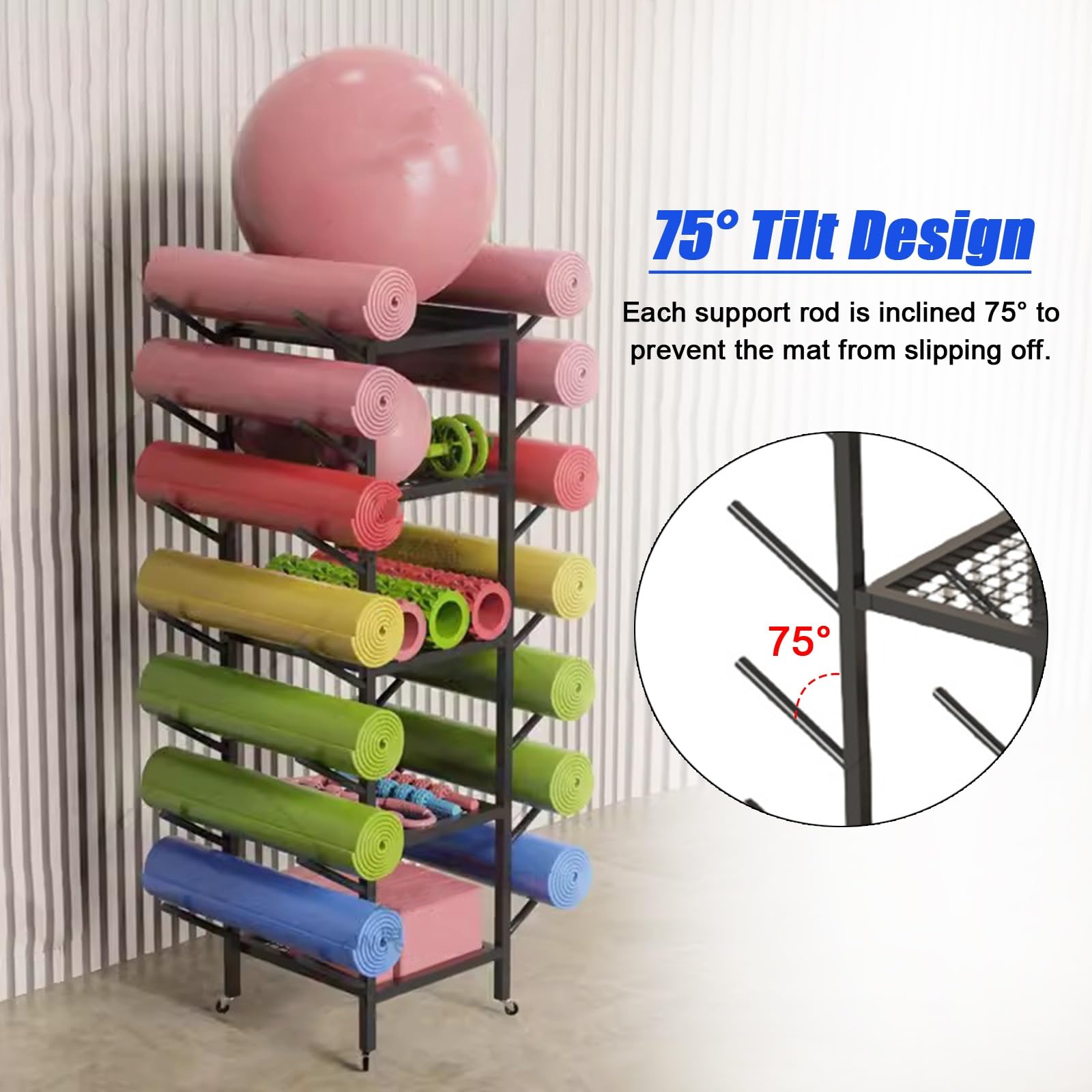 Soporte para Esterilla de Yoga, Soporte Independiente de 5 Niveles - Organizador móvil para esterillas de Fitness y Rodillos de Espuma, Ideal para gimnasios, Estudios, escuelas y Clubes - So
