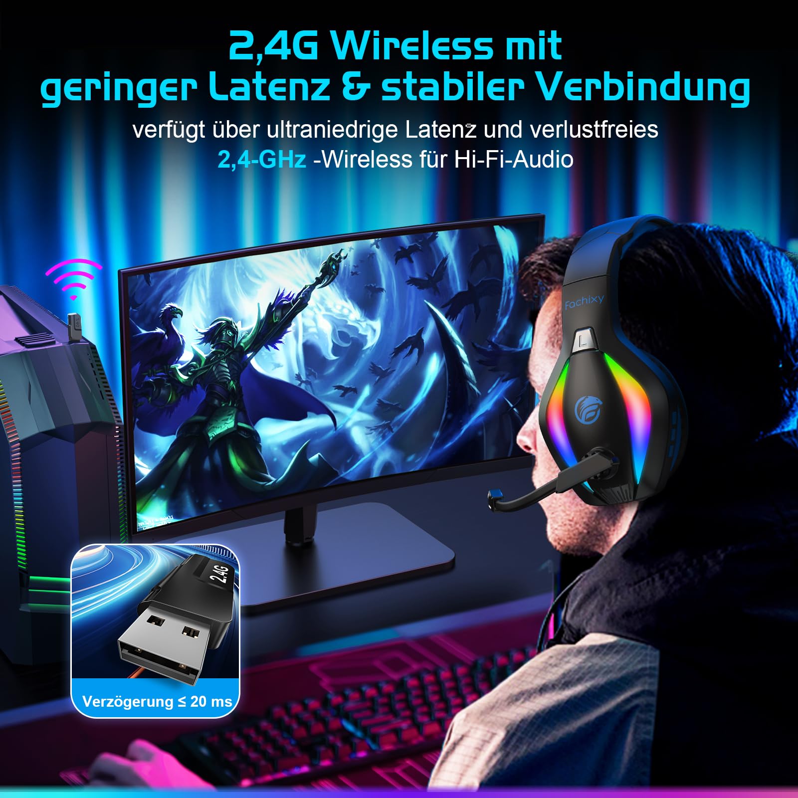Fachixy「2025 Neu」FC100 Wireless Gaming Headset - 2.4GHz & Bluetooth Kopfhörer mit Mikrofon - 3D Stereo Sound & 40H+ Akkulaufzeit - Für PS4, PS5, PC, Mac, Tablets, Switch, Smartphones, schwarz-blau