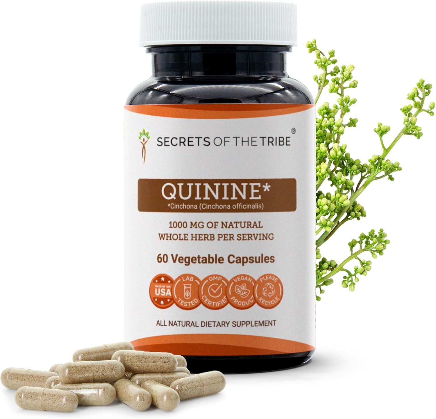 Secrets of the Tribe Quinine Capsules 1000 mg Wildcrafted Quinine (Cinchona officinalis) Dried Bark, Leg Cramp Support Supplement (60 Capsules)
