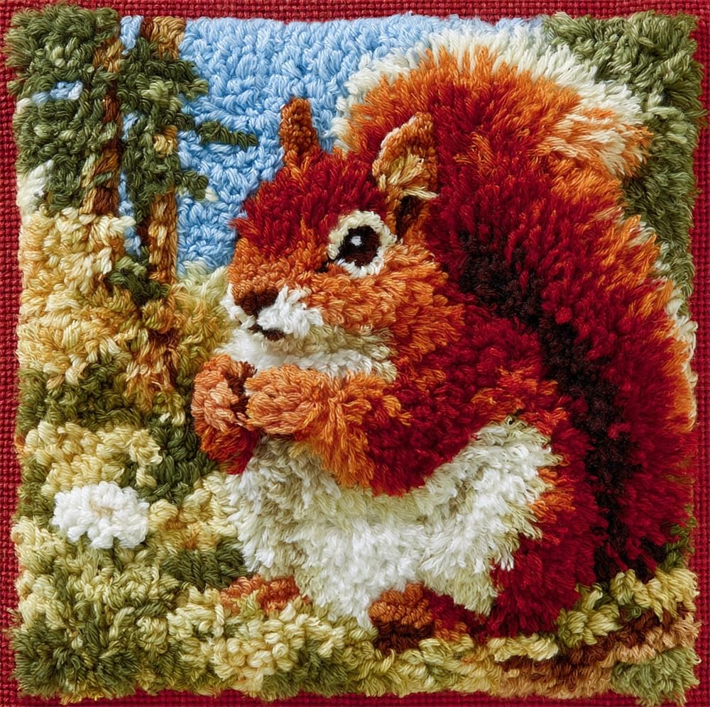 FWRTYCB 3D Pillow Latch Hook Embroidery Kits Squirrel Cushion Art