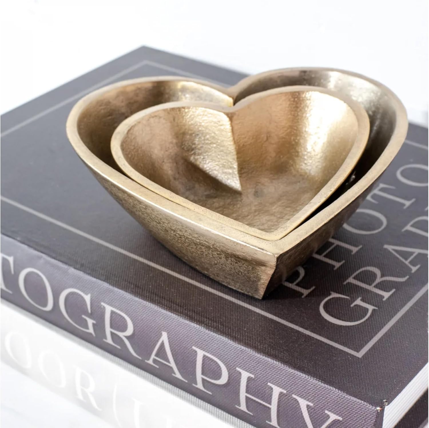 Heart Shaped, Golden 6 x 2 Inches Brass Multipurpose Serving Trinket Bowl; Set of 2