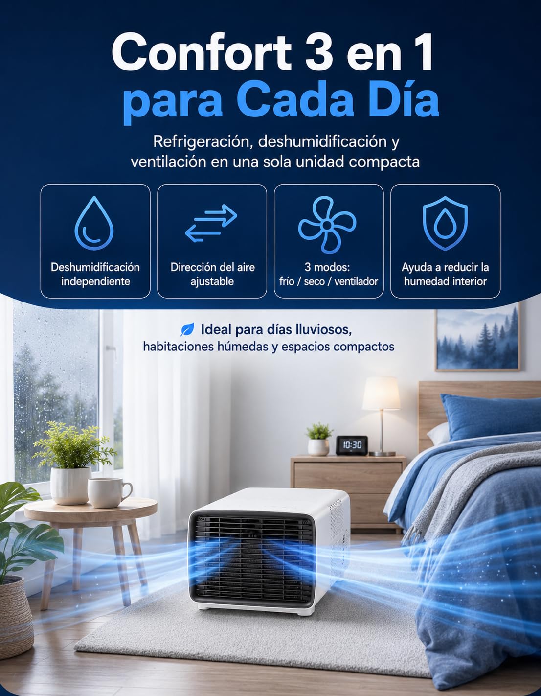 Aire Acondicionado Portátil 2700 BTU 3 en 1 para Casa y Caravana | Refrigera, deshumidifica y ventila casa y caravanas; modo noche, mando a distancia, temporizador y tubo de escape