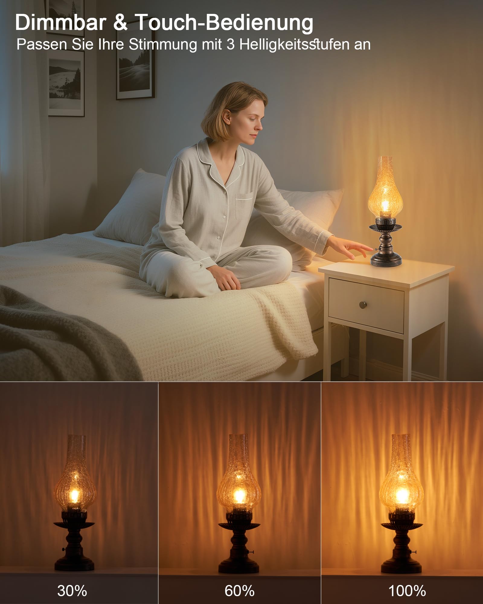 Kabellos Tischlampe Vintage Tischleuchte Ohne Kabel Akku Aufladbar | Touch Dimmbar, LED Keine Glas Lampe, Retro Antik Nachttischlampe Schlafzimmer Wohnzimmer Fensterbank Landhaus Deko