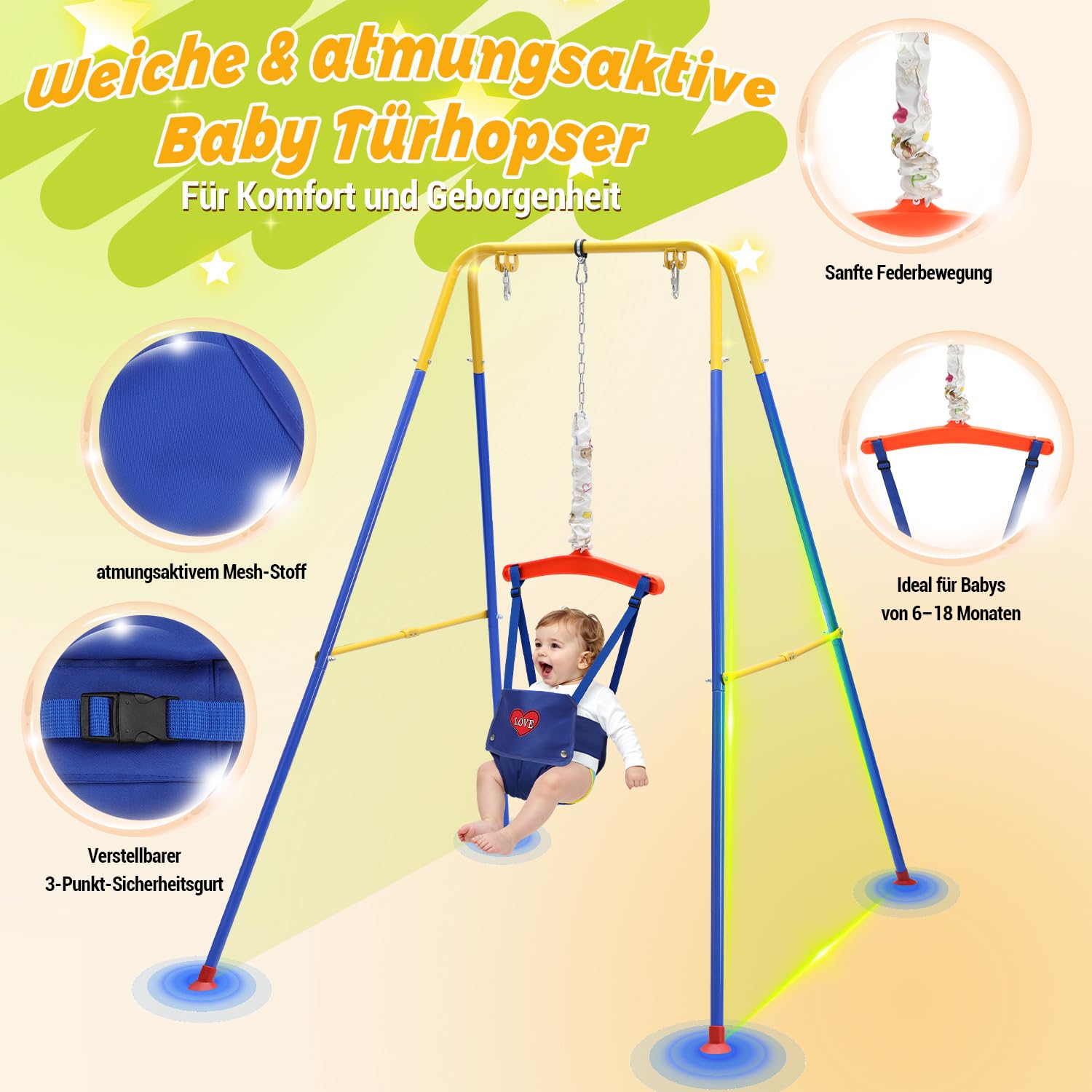 Balançoire pour bébé 4 en 1 avec armature - Balançoire pour enfant - Avec ceinture de sécurité - Pliable et 4 sacs de sable - Pour l'intérieur et l'extérieur - Facile à monter