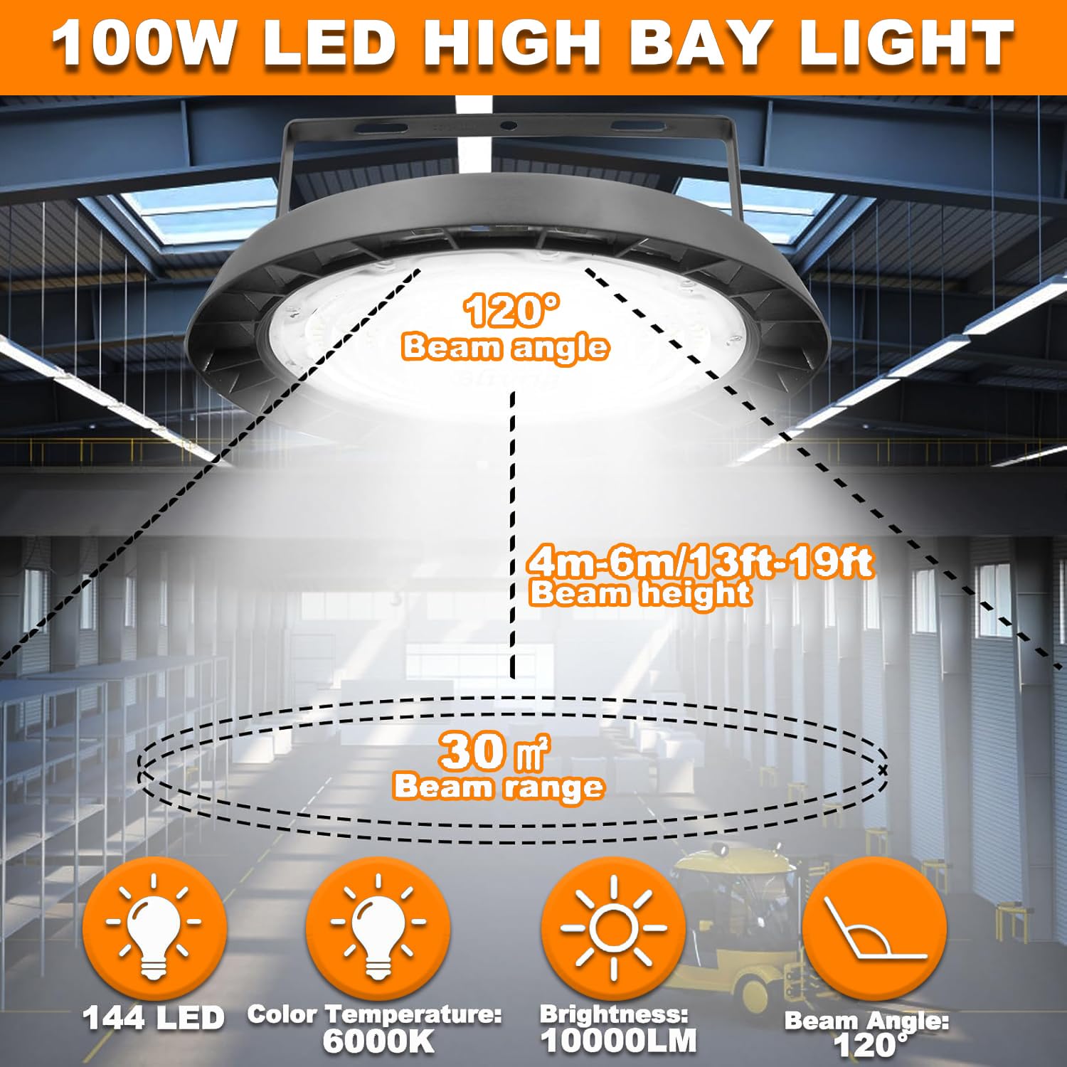 6PCS 100W Hallenstrahler LED 10000LM 6000K, Hallenleuchte für Werkstatt | Kaltweiß UFO Industrielampe mit Geringem, IP65 Aluminiumgehäuse,UFO LED High Bay für Lager Fitnessstudio Patio Garage