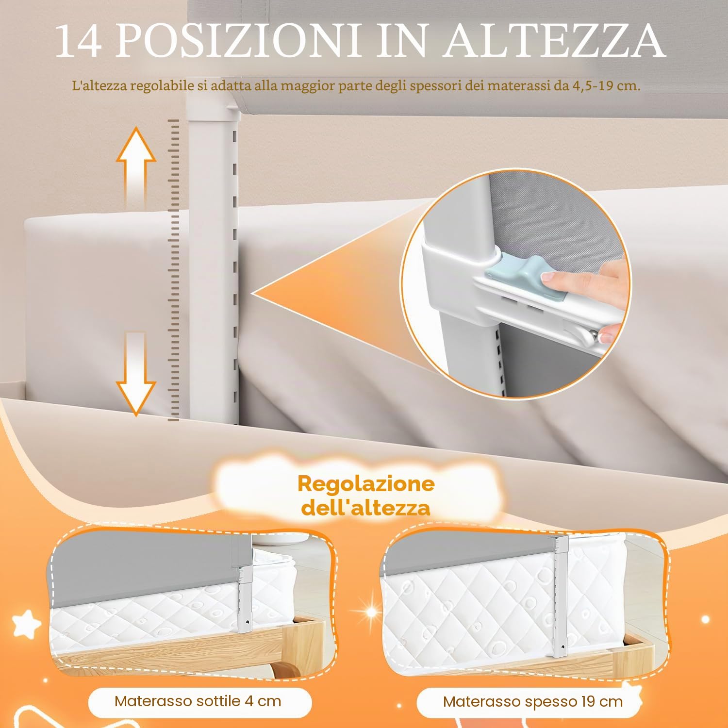 Protezione contro le cadute per letto, protezione per letto Boxspring, griglia di protezione per letto regolabile in altezza 72-86 cm, pieghevole a 180 gradi (Grigio, 150 cm, 1 lato)