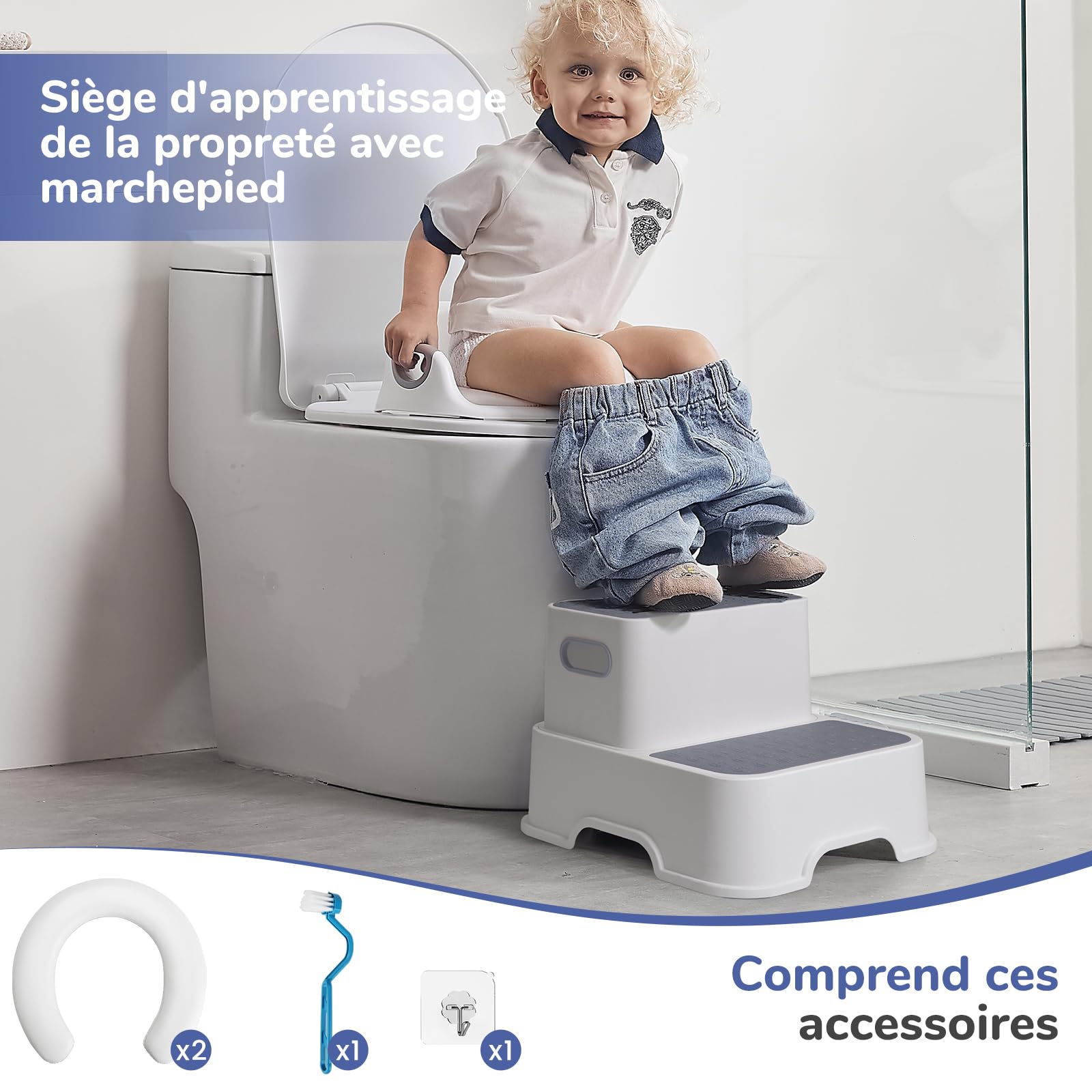 DEANIC Reducteur Toilette Enfant, Rehausseur avec 2 Marches, Réducteur WC Bébé adapté aux Enfants de 1 à 6 Ans, avec 2 Coussins et 1 Brosse (Gris)