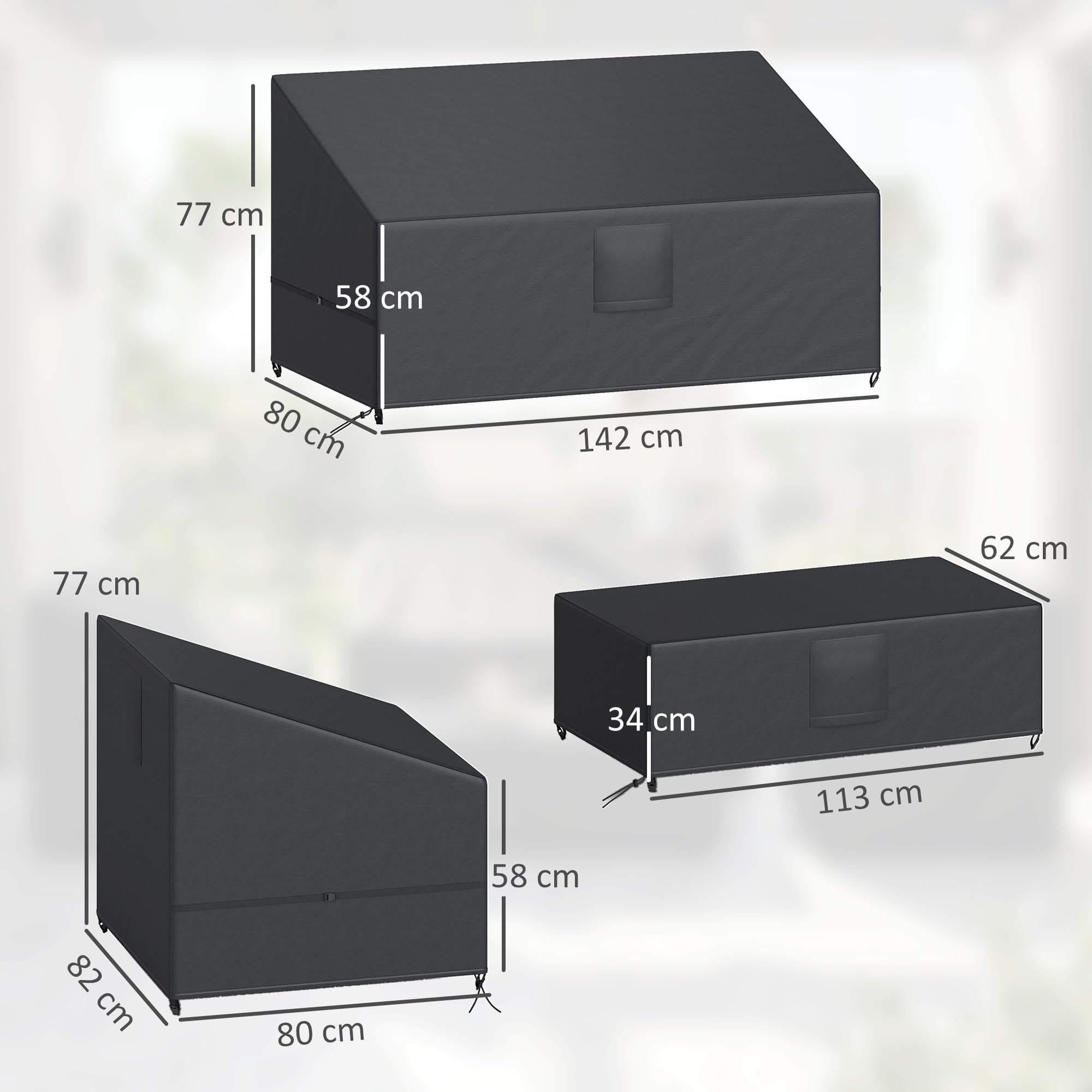 Outsunny Ensemble de 4 Housses Salon de Jardin Imperméables 420D Tissu Oxford, Bâche de Potection Extérieure avec 6 Évents et Sac de Rangement, pour Table et Canapé, Noir