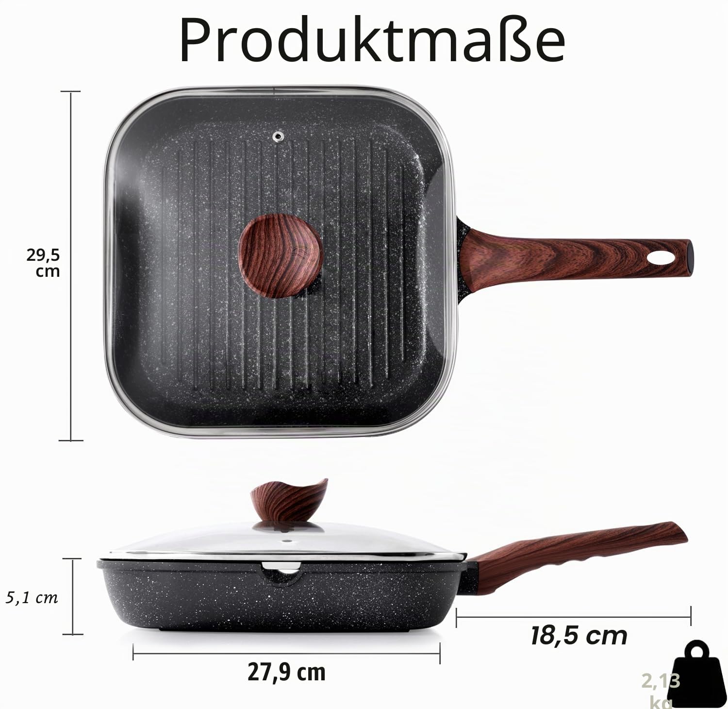 Kordisen Grillpfanne Induktion 28 cm mit Deckel – Grillpfanne mit Ausguss & Steakpfanne quadratisch, Granit Antihaftbeschichtung, für alle Herdarten, PFOA-frei