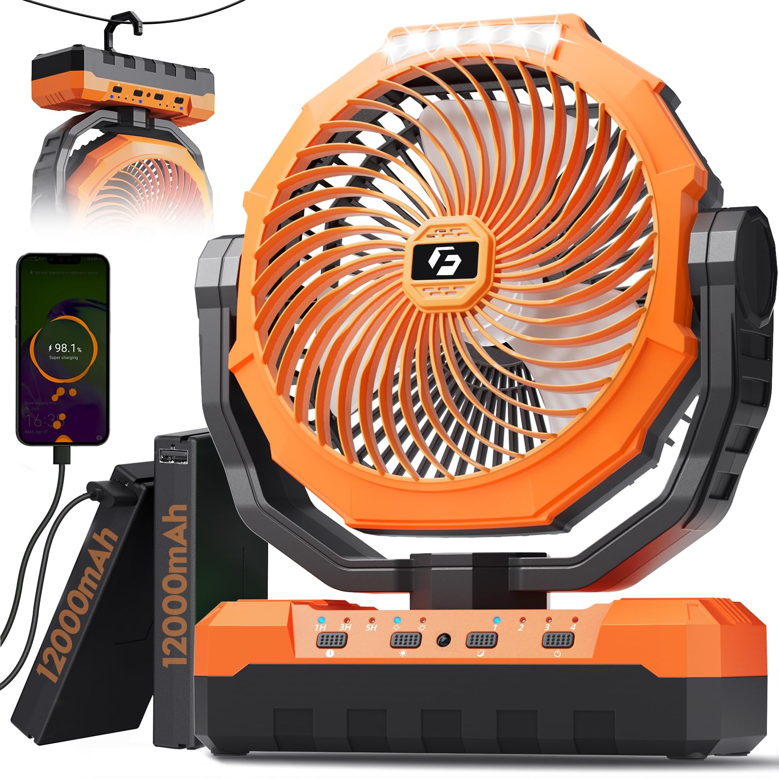 FRIZCOL 3-in-1 Camping Fan - Portable Fans Rechargeable - 24000mAh Detachable Battery Powered Fan with Light &amp; Remote for Indoor Outdoor, Tent, Travel, Fishing, Jobsite, Gifts for Men Dad Him - Orange