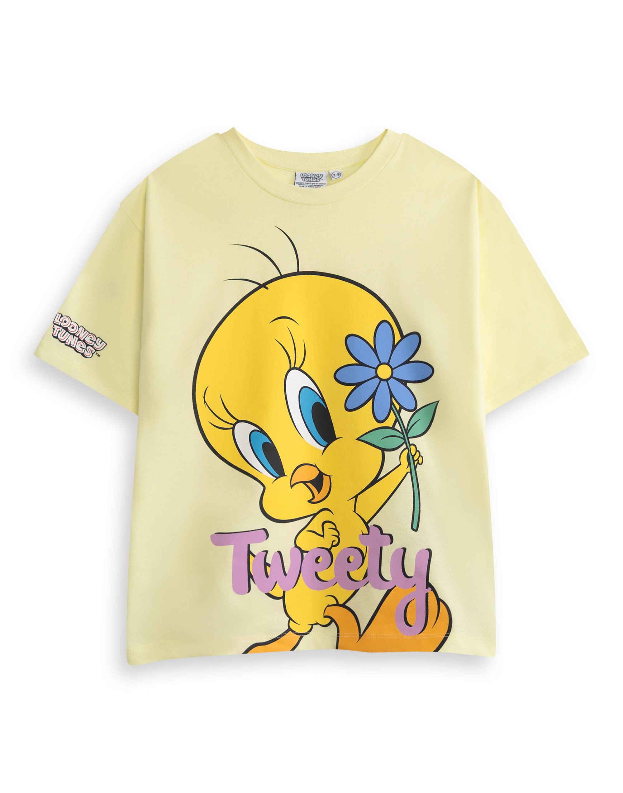 LOONEY TUNES Tweety Girls Pale Yellow Graphic Tee | Short Sleeve Crew Neck Top with Blue Flower Print | Kids Everyday Casual Wear | Character T-Shirt Merch - 3-4 Years