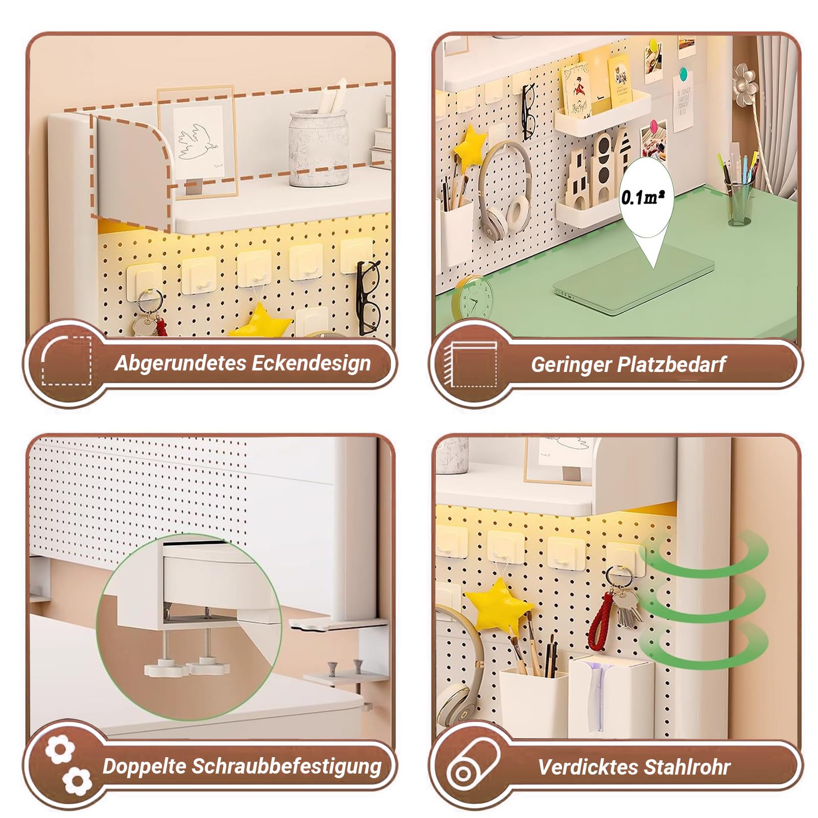 Klemmbare Schreibtisch Regal with Pegboard, Weiß 2-Ebenen Büro-Computertisch Zubehör Organizer Desk Shelf Aufbewahrungsregal, für Büro, Gaming, Zuhause(60cm)