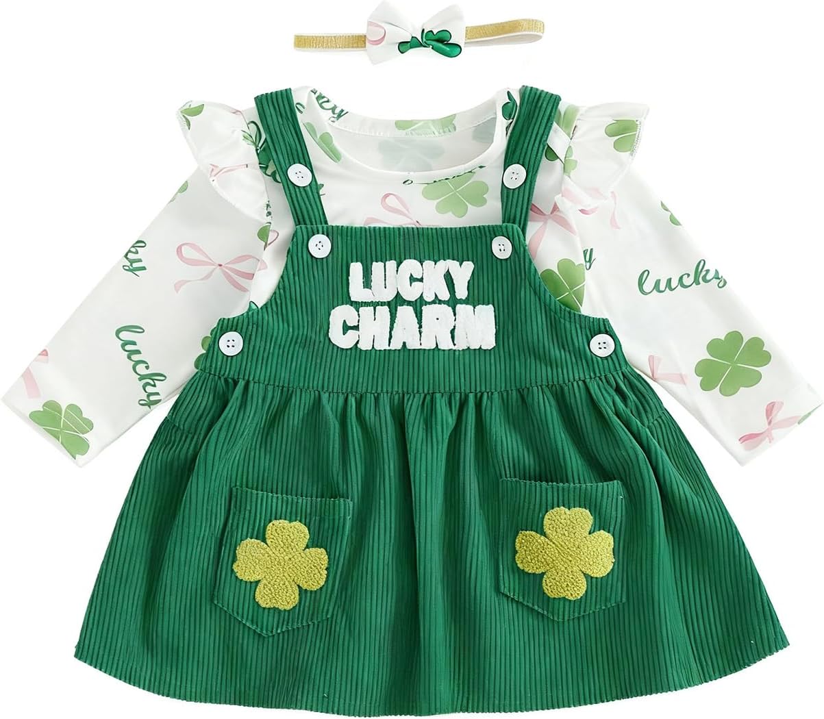 Thorn Tree St Patricks Day Baby Girl Outfit Long Sleeve Romper Onesie Suspenders Skirts Bow Headband 3Pcs Outfits Clothes