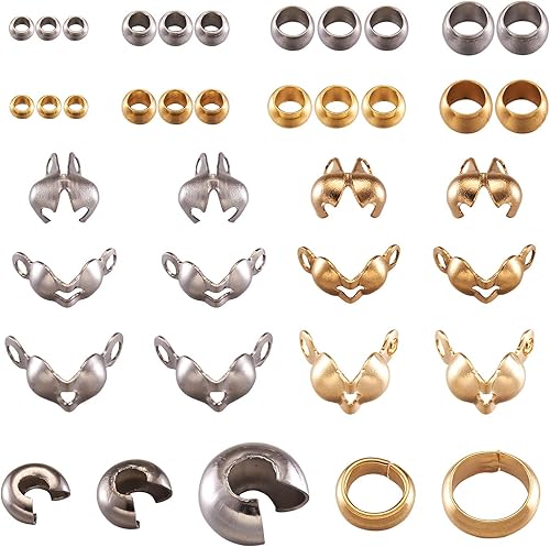 Miniatura 2 de Pandahall - Juego de 370 cuentas de acero inoxidable con cuentas de engarce abiertas, cubiertas de nudos, puntas de cuentas y cuentas de extremo de